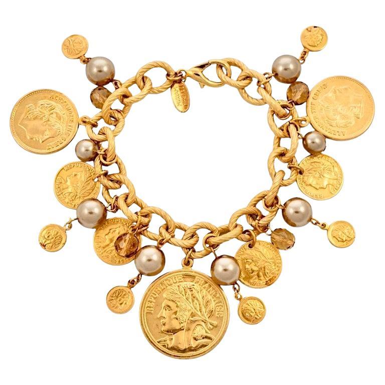 Miriam Haskell Russian Gold Plated Pearl Citrine Glass Coin Charm Bracelet