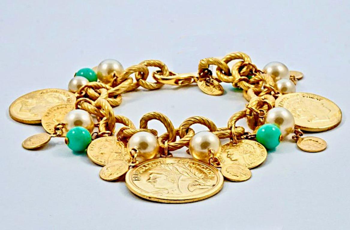 Miriam Haskell Russian Gold Plated Pearl Turquoise Glass Coin Charm Bracelet  2