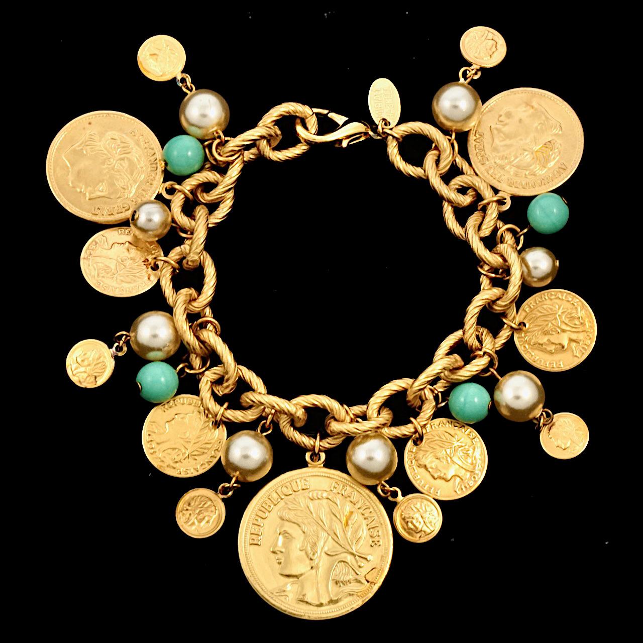 Miriam Haskell Russian Gold Plated Pearl Turquoise Glass Coin Charm Bracelet  3