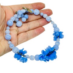 MIRIAM HASKELL signed vintage gold tone blue glass flowers designer necklace