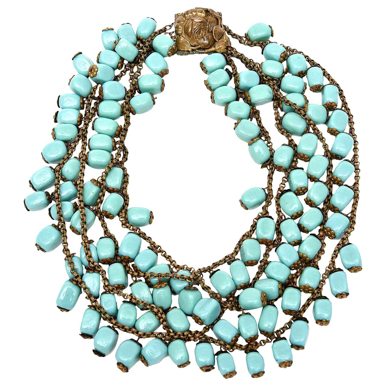 Multistrand Blue// Teal Glass Bead Collar Style Necklace In Silver Tone Metal 4