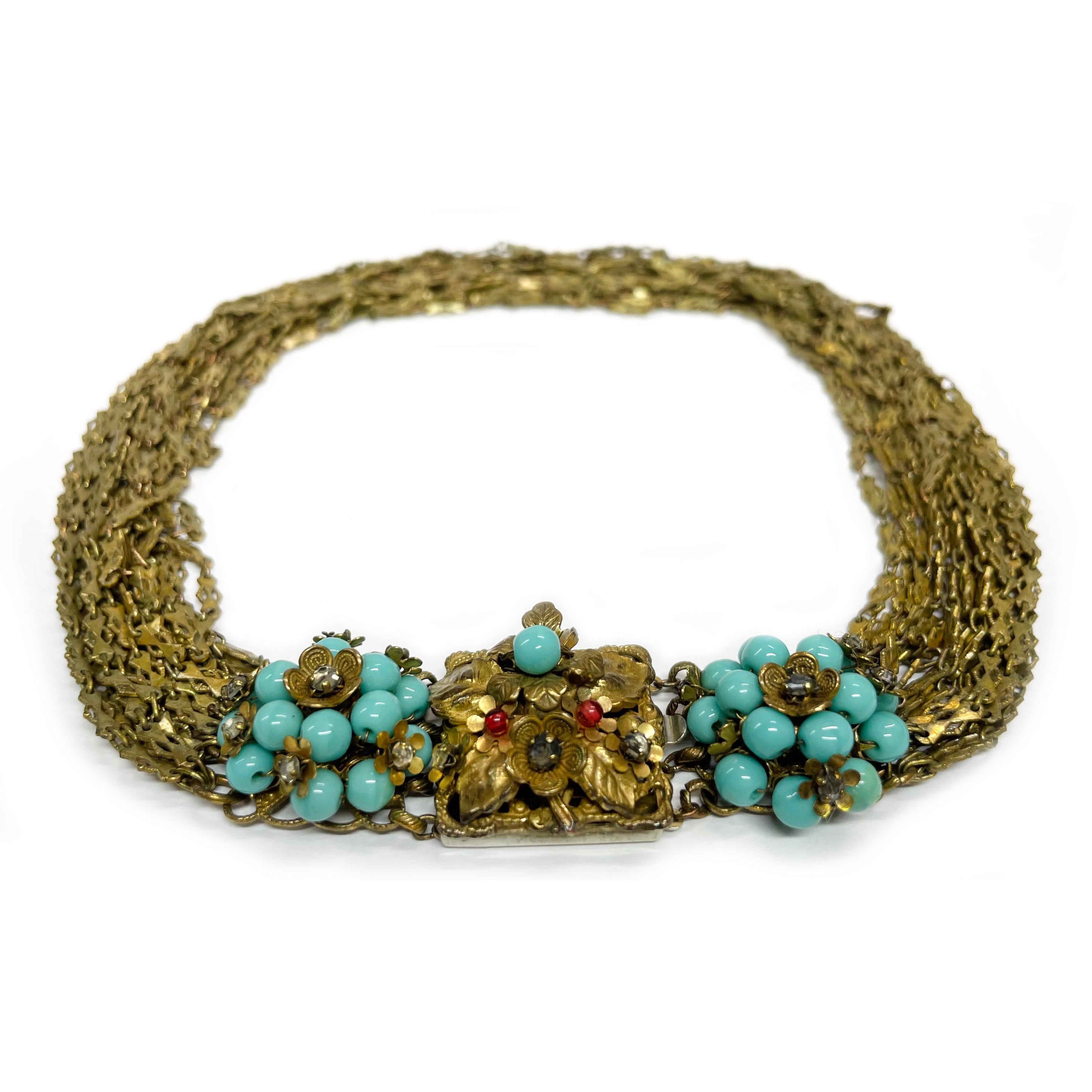 Rétro Miriam Haskell, collier de perles en verre turquoise à plusieurs rangs en vente