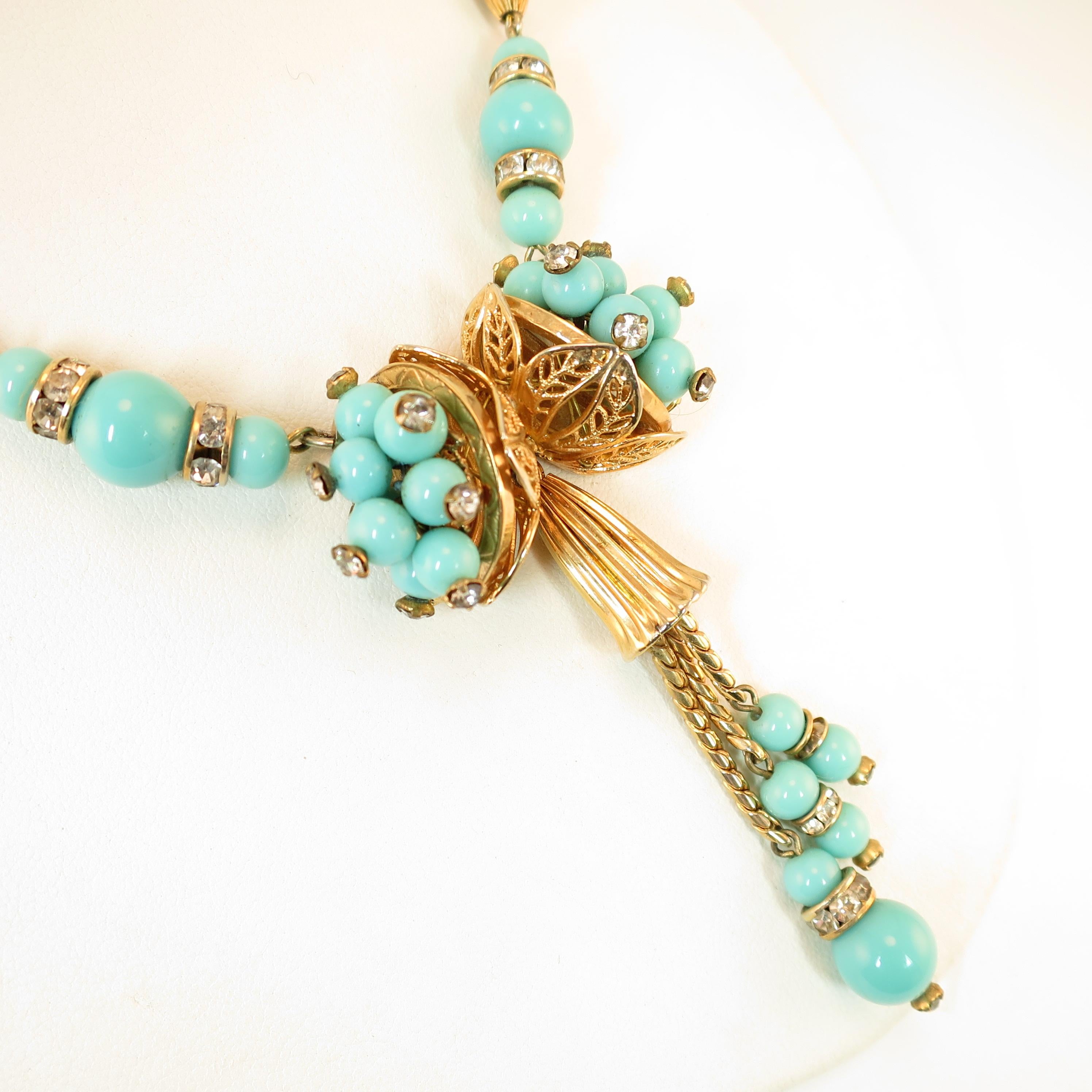 Miriam Haskell Turquoise Glass Necklace & Bracelet Set, Made in Germany 1950s In Good Condition For Sale In Burbank, CA