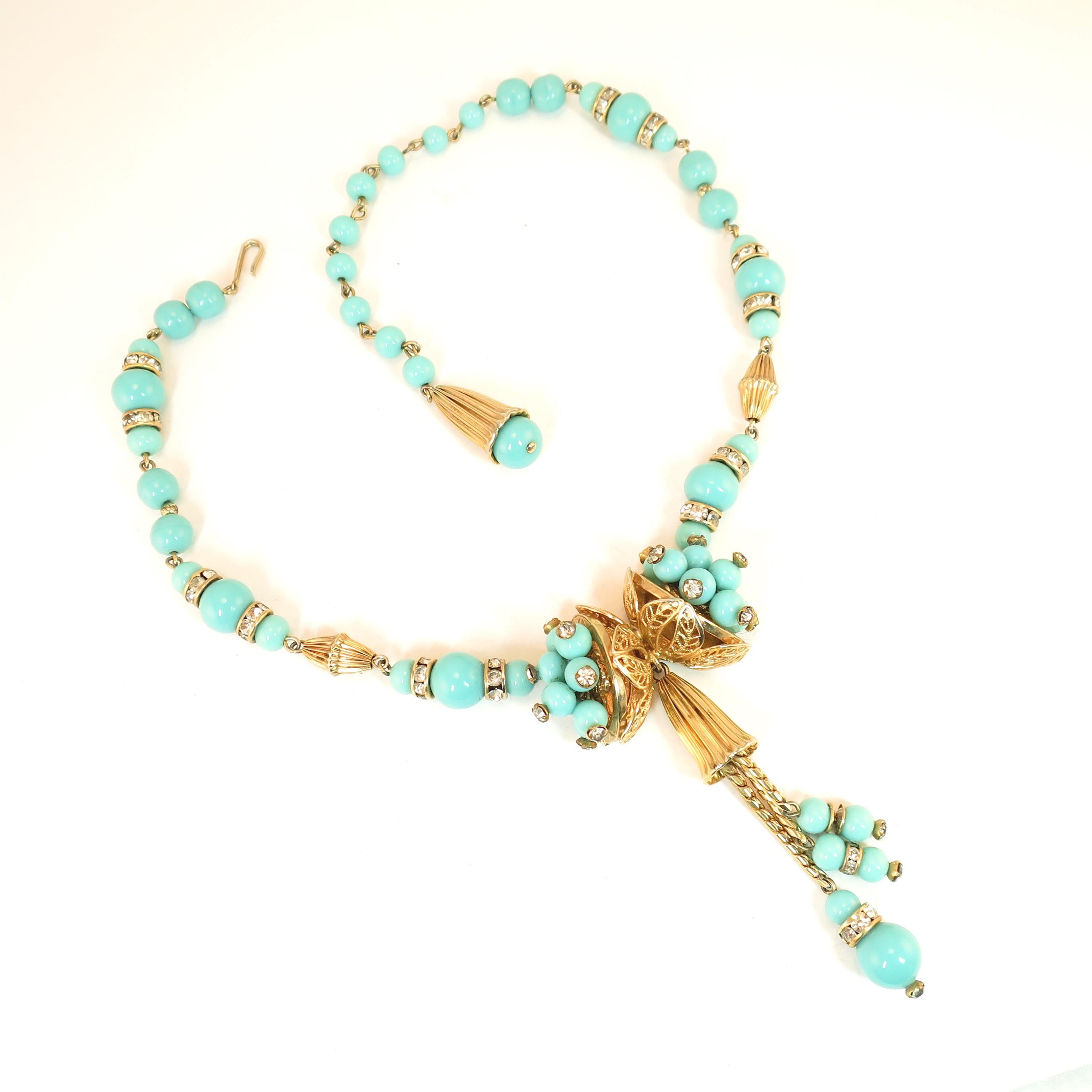 Women's Miriam Haskell Turquoise Glass Necklace & Bracelet Set, Made in Germany 1950s For Sale