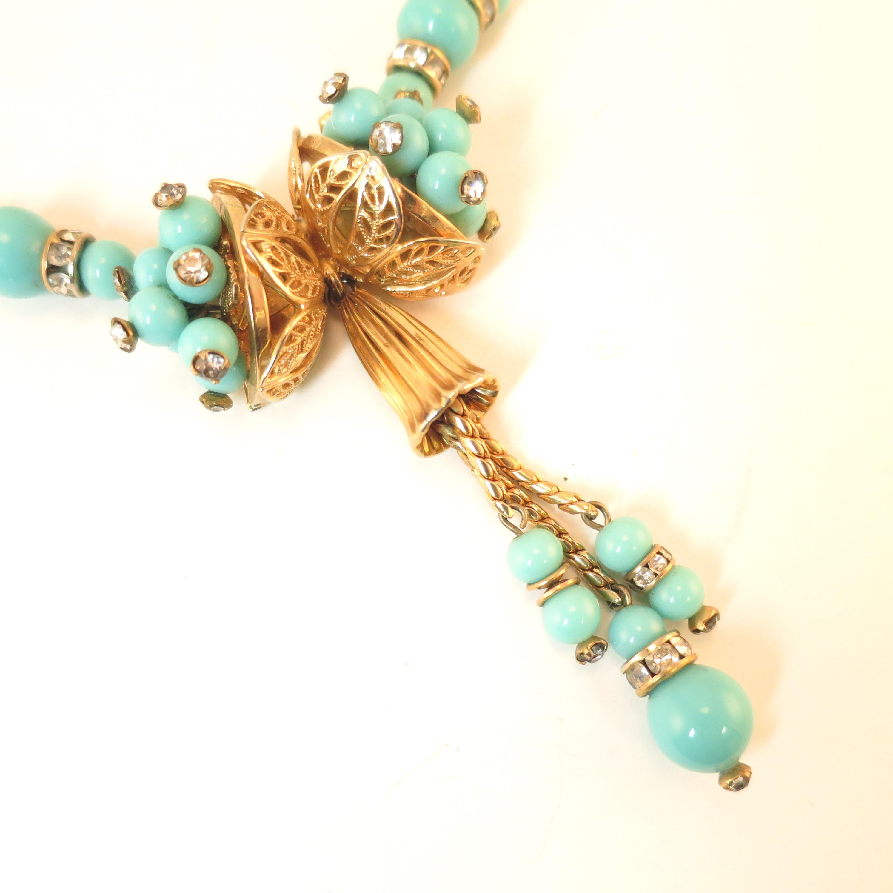 Miriam Haskell Turquoise Glass Necklace & Bracelet Set, Made in Germany 1950s For Sale 2
