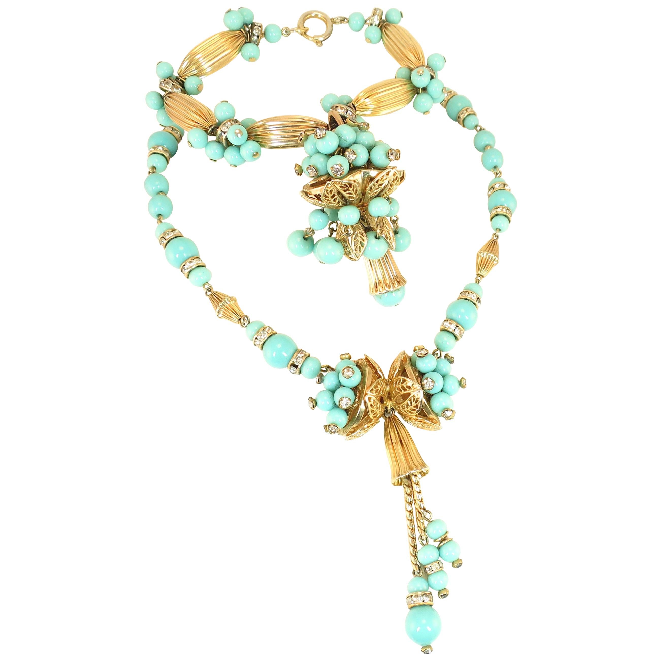 Miriam Haskell Turquoise Glass Necklace & Bracelet Set, Made in Germany 1950s For Sale
