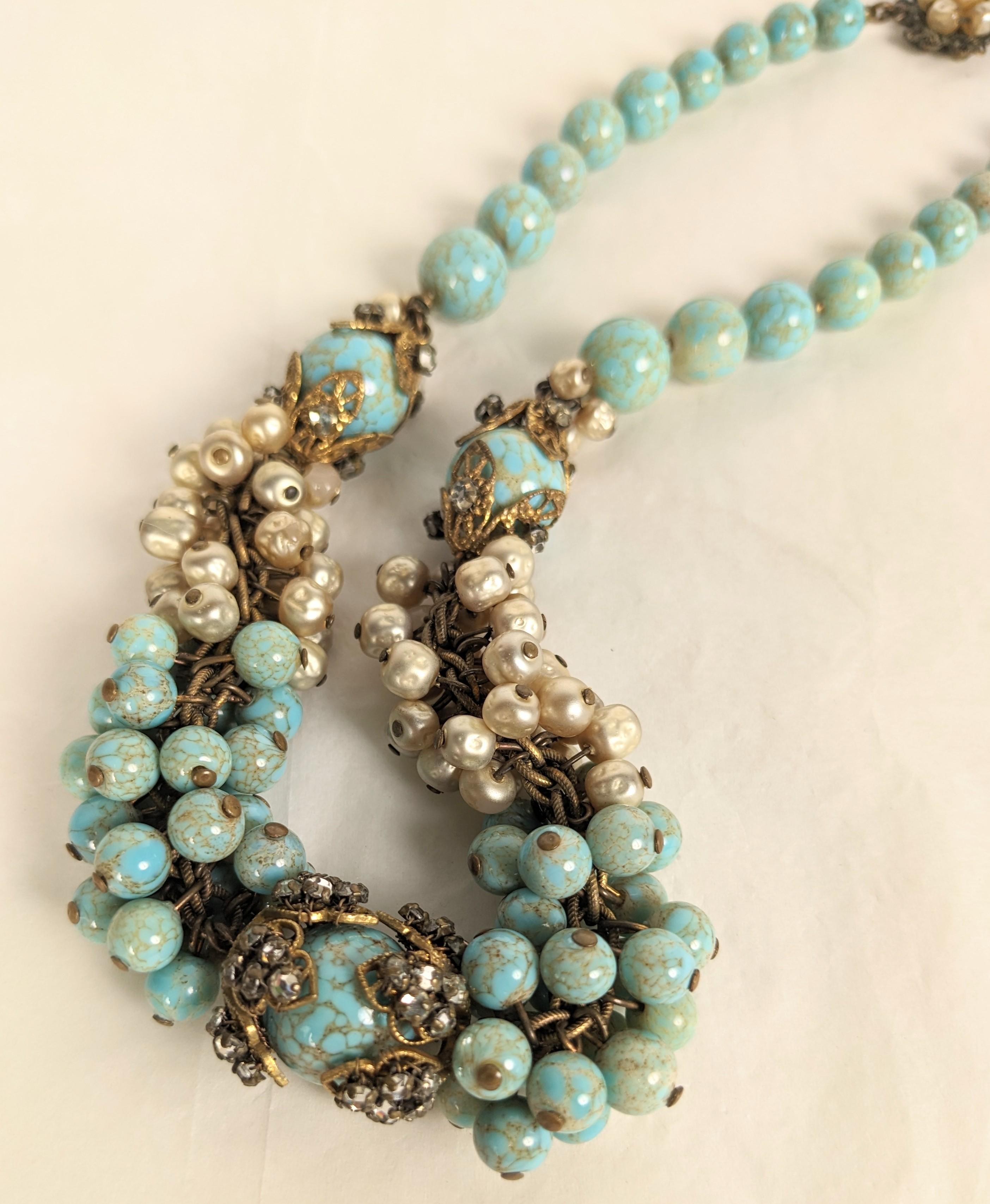 Artisan Miriam Haskell Turquoise Pate de Verre and Faux Pearl Bead Collar For Sale