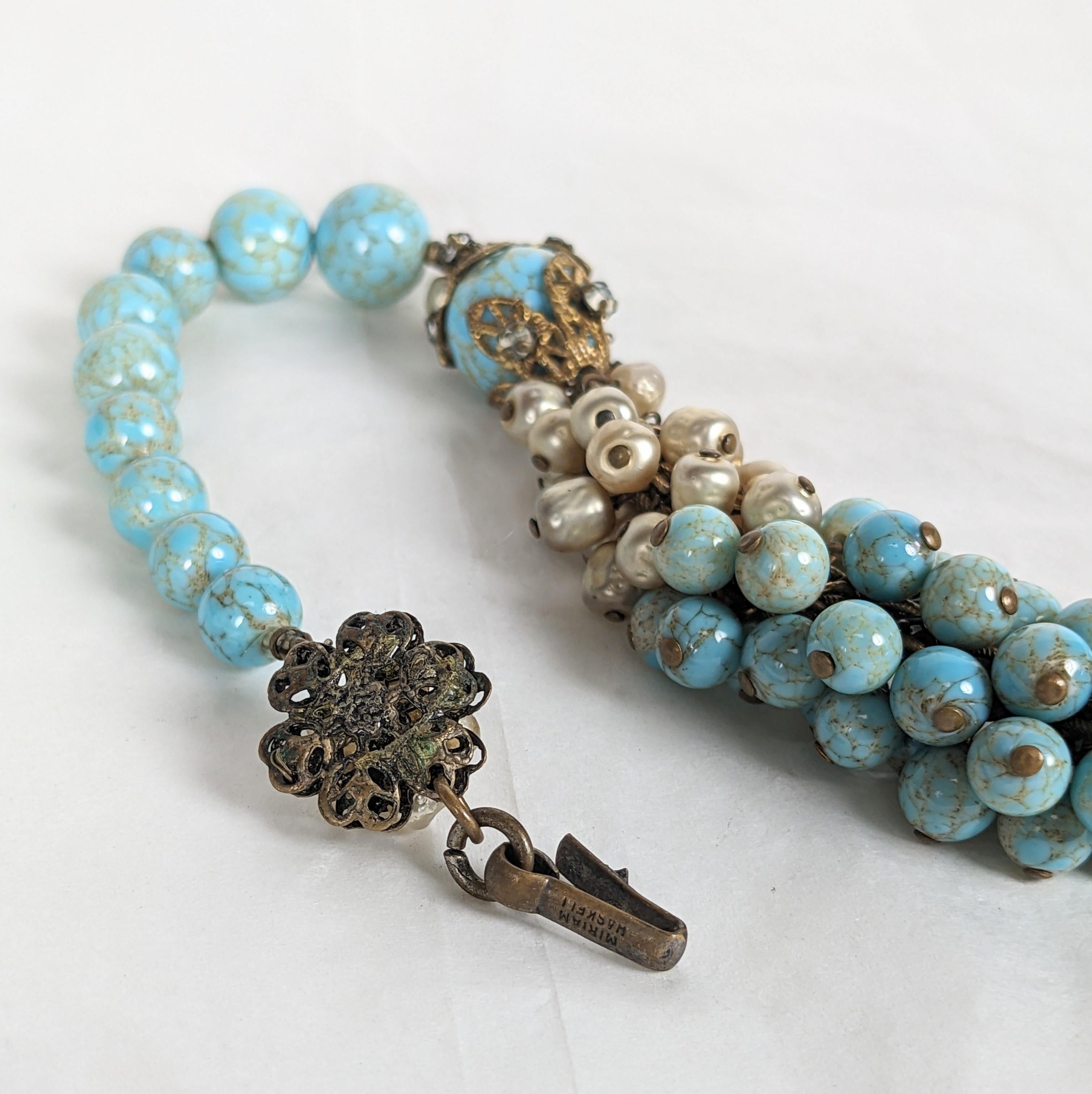 Miriam Haskell Turquoise Pate de Verre and Faux Pearl Bead Collar In Good Condition For Sale In New York, NY