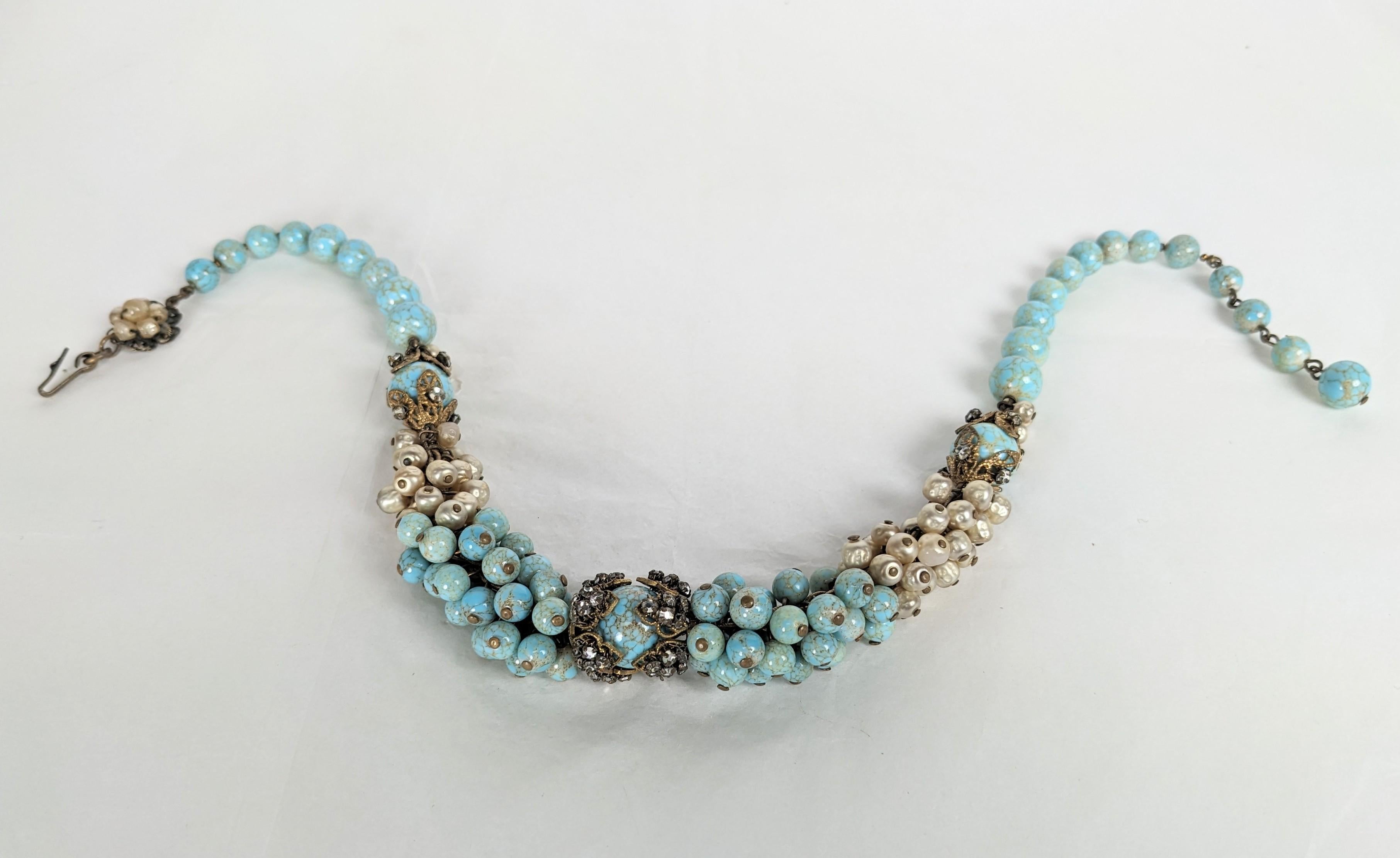 Women's or Men's Miriam Haskell Turquoise Pate de Verre and Faux Pearl Bead Collar For Sale