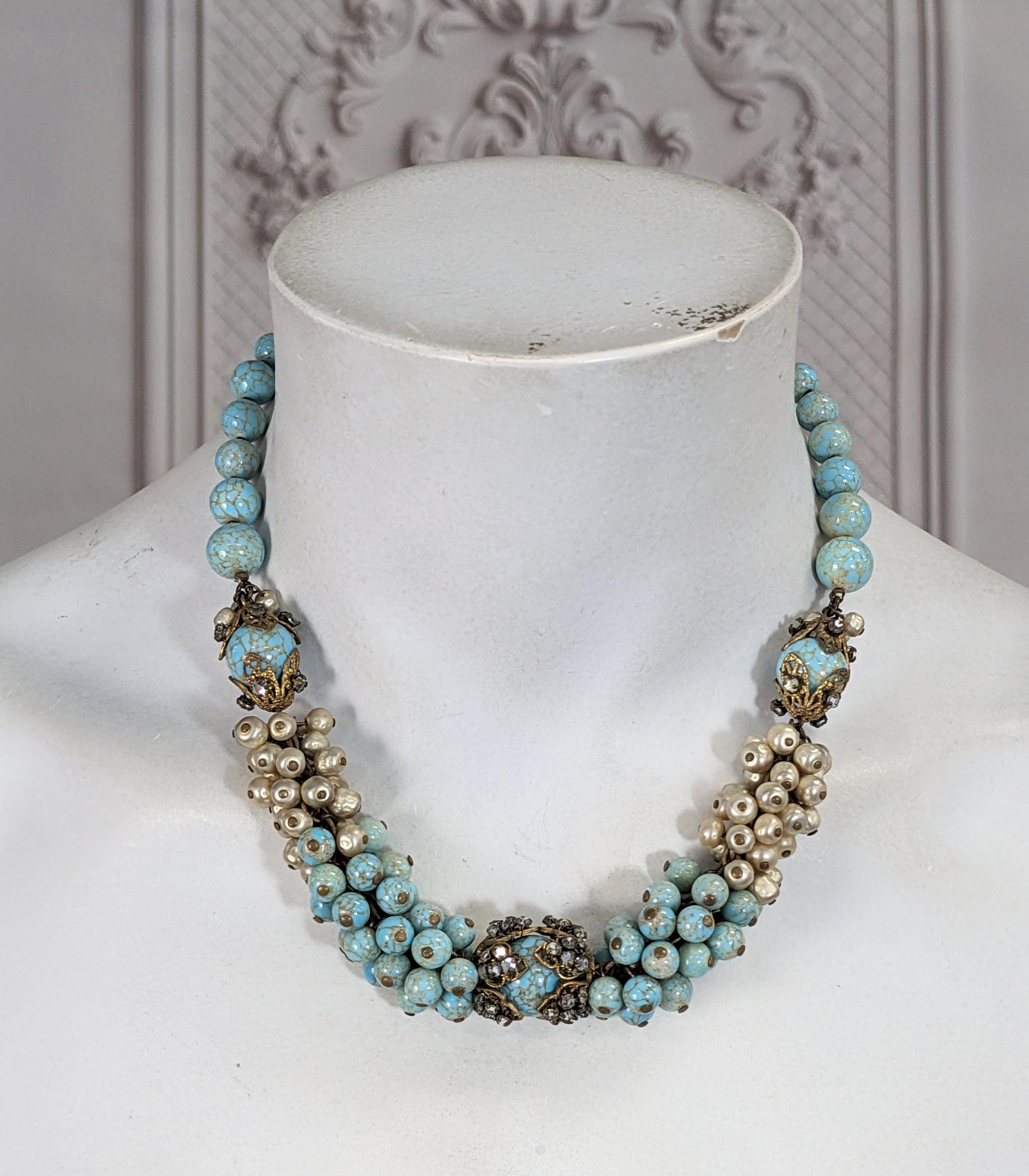 Miriam Haskell Turquoise Pate de Verre and Faux Pearl Bead Collar For Sale 1