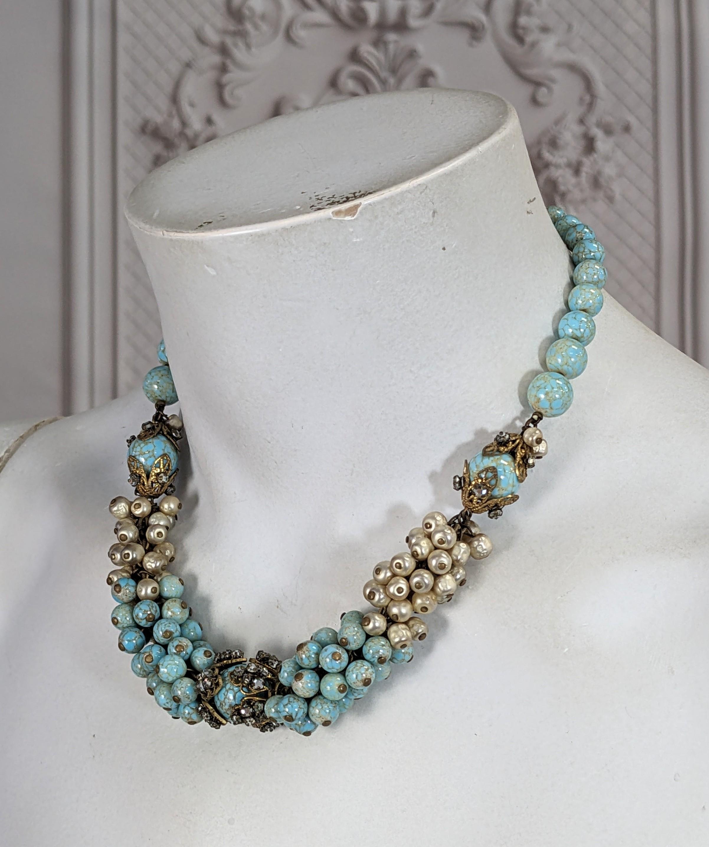 Miriam Haskell Turquoise Pate de Verre and Faux Pearl Bead Collar For Sale 2