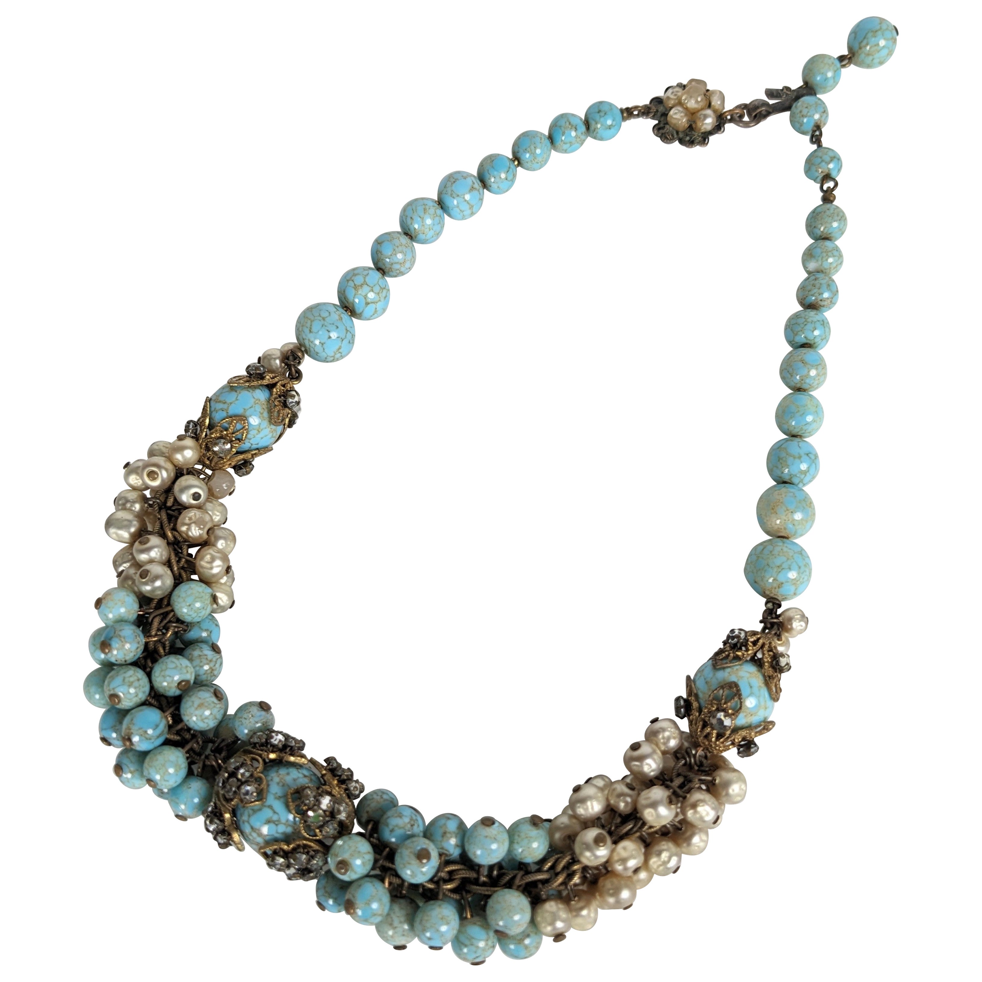 Miriam Haskell Turquoise Pate de Verre and Faux Pearl Bead Collar