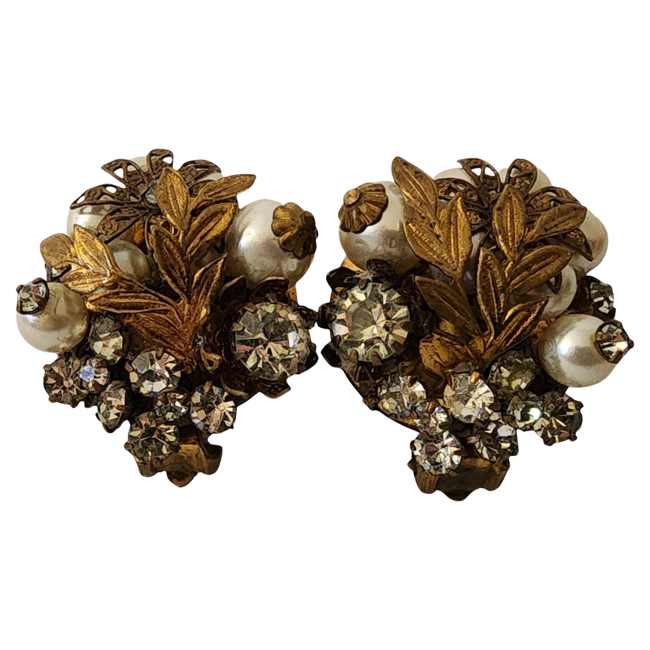 Miriam Haskell Vintage Clip-On Earrings 1950s Floral with Faux Pearls Rhinestone