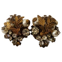 Miriam Haskell Vintage Clip-On Earrings 1950s Floral with Faux Pearls Rhinestone