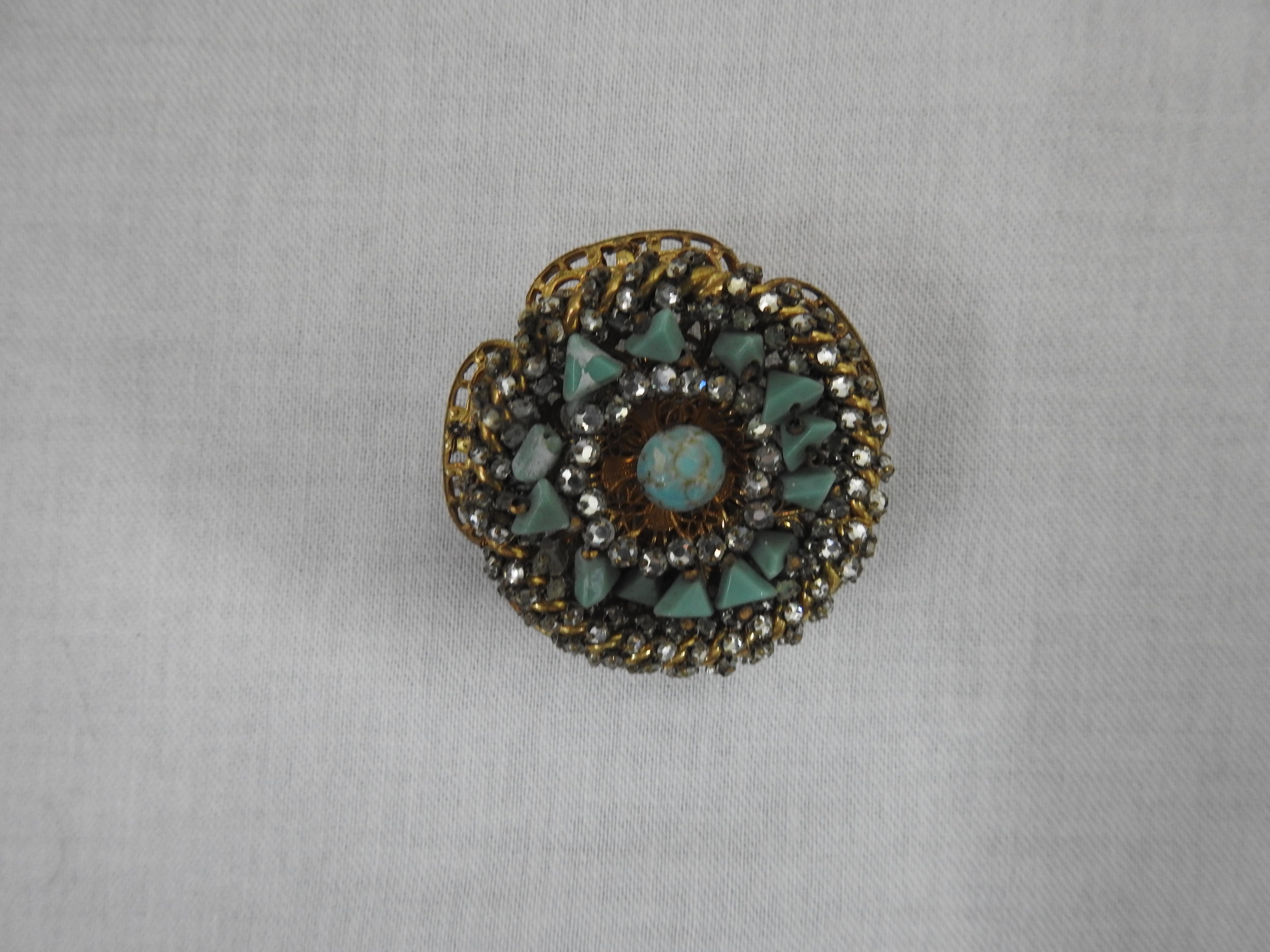 Beaded Miriam Haskell Vintage Gold Toned Brooch with Rhinestones For Sale