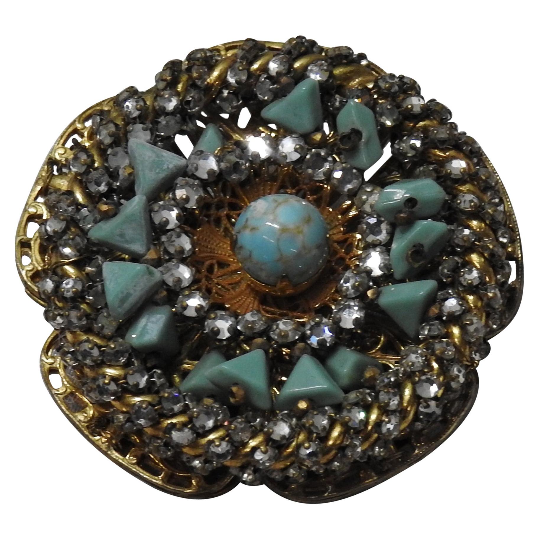 Miriam Haskell Vintage Gold Toned Brooch with Rhinestones For Sale