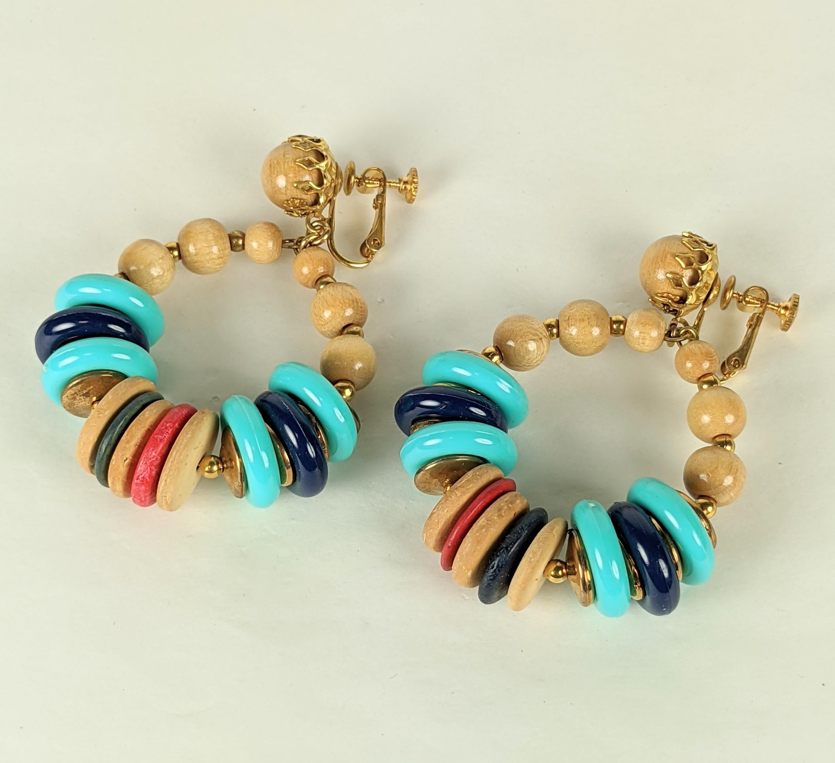 Miriam Haskell Wood Hoop Earrings In Excellent Condition For Sale In New York, NY