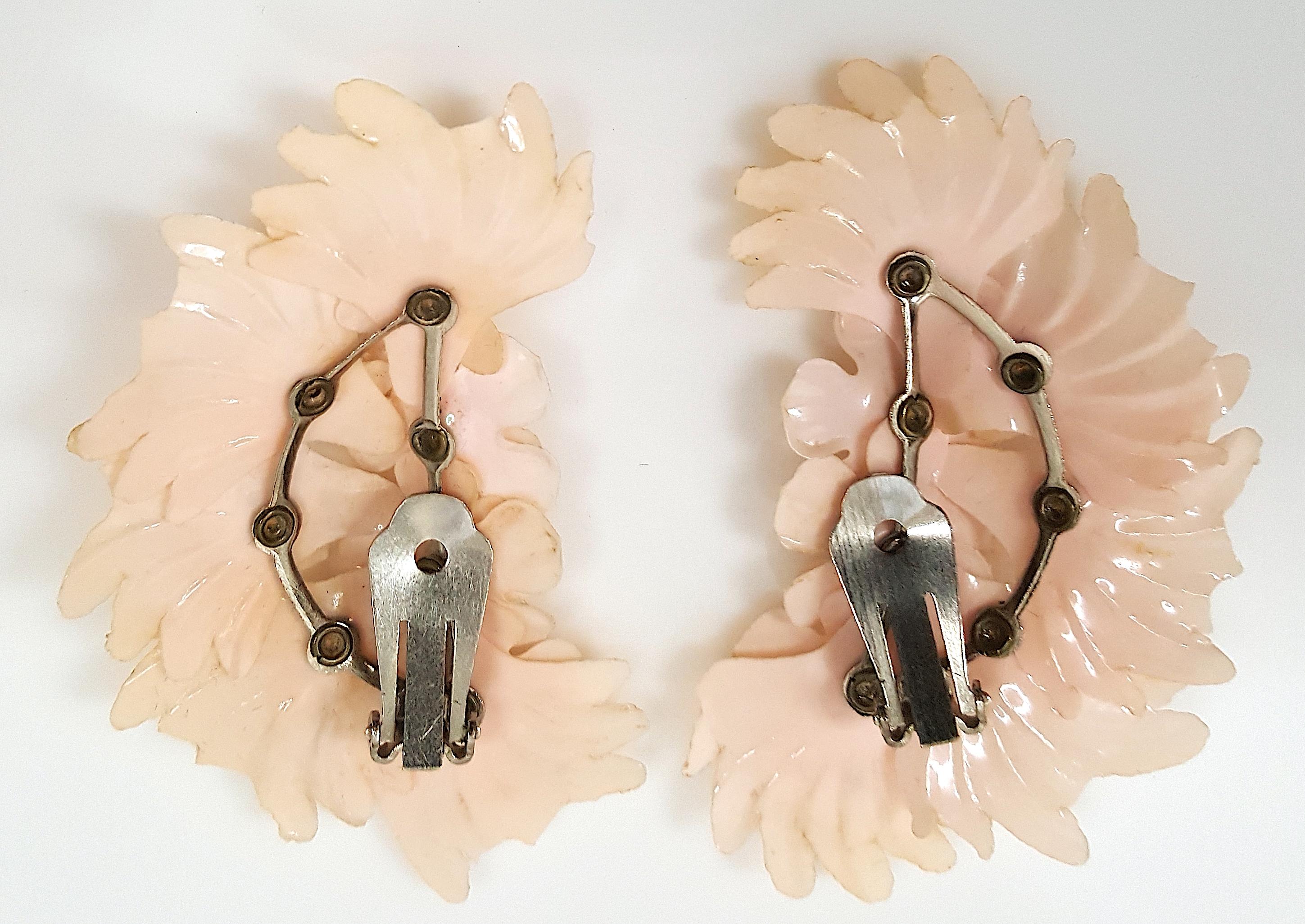 Rose Cut MiriamHaskell WWII FrankHess Rose Rhodoid & CrystalMontee Layered Clip Climbers For Sale