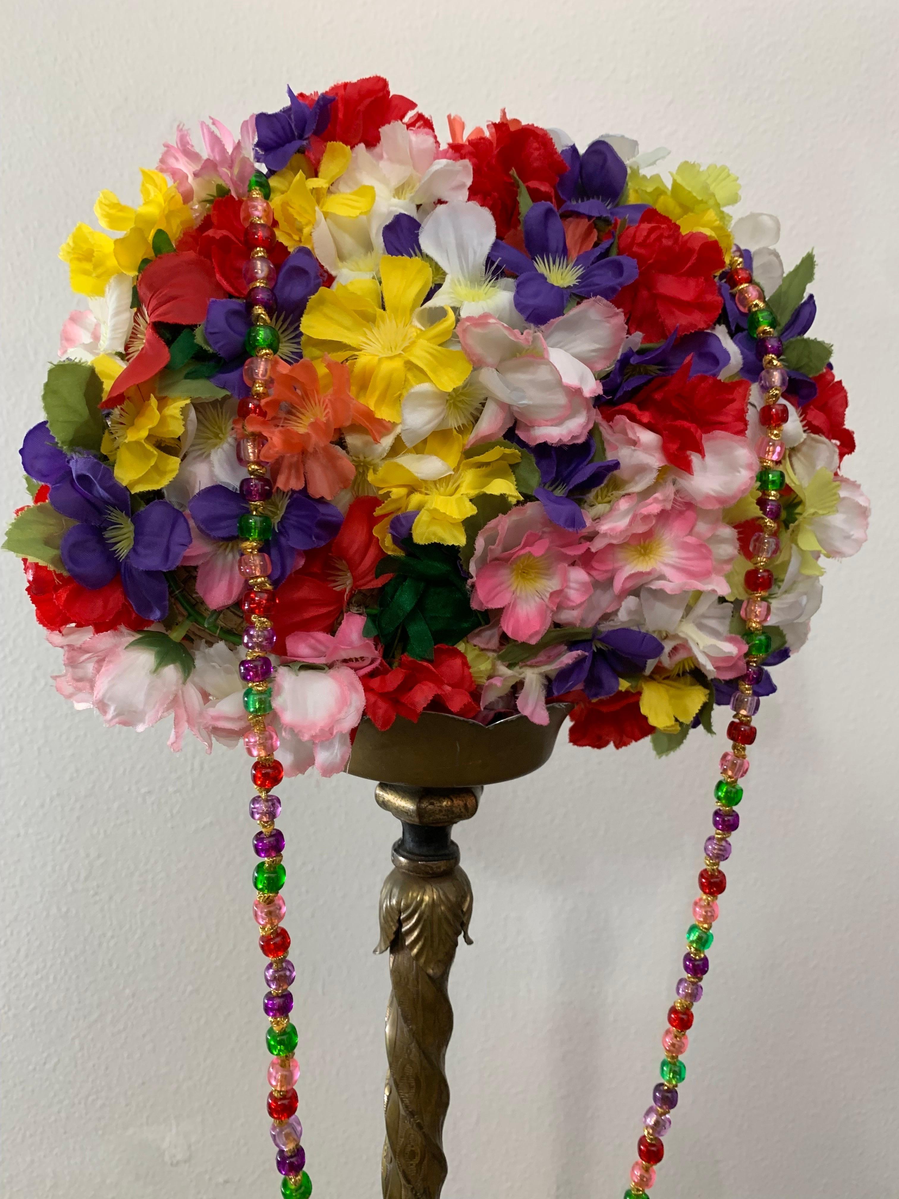 Miriam Lefcourt Natural Straw Handbag Completely Covered in Colorful Silk Flower: Italian-made, charming shoulder bag or crossbody bag with colorful long beaded strap covered in cheerful multicolor silk flowers of all descriptions. Zippered top