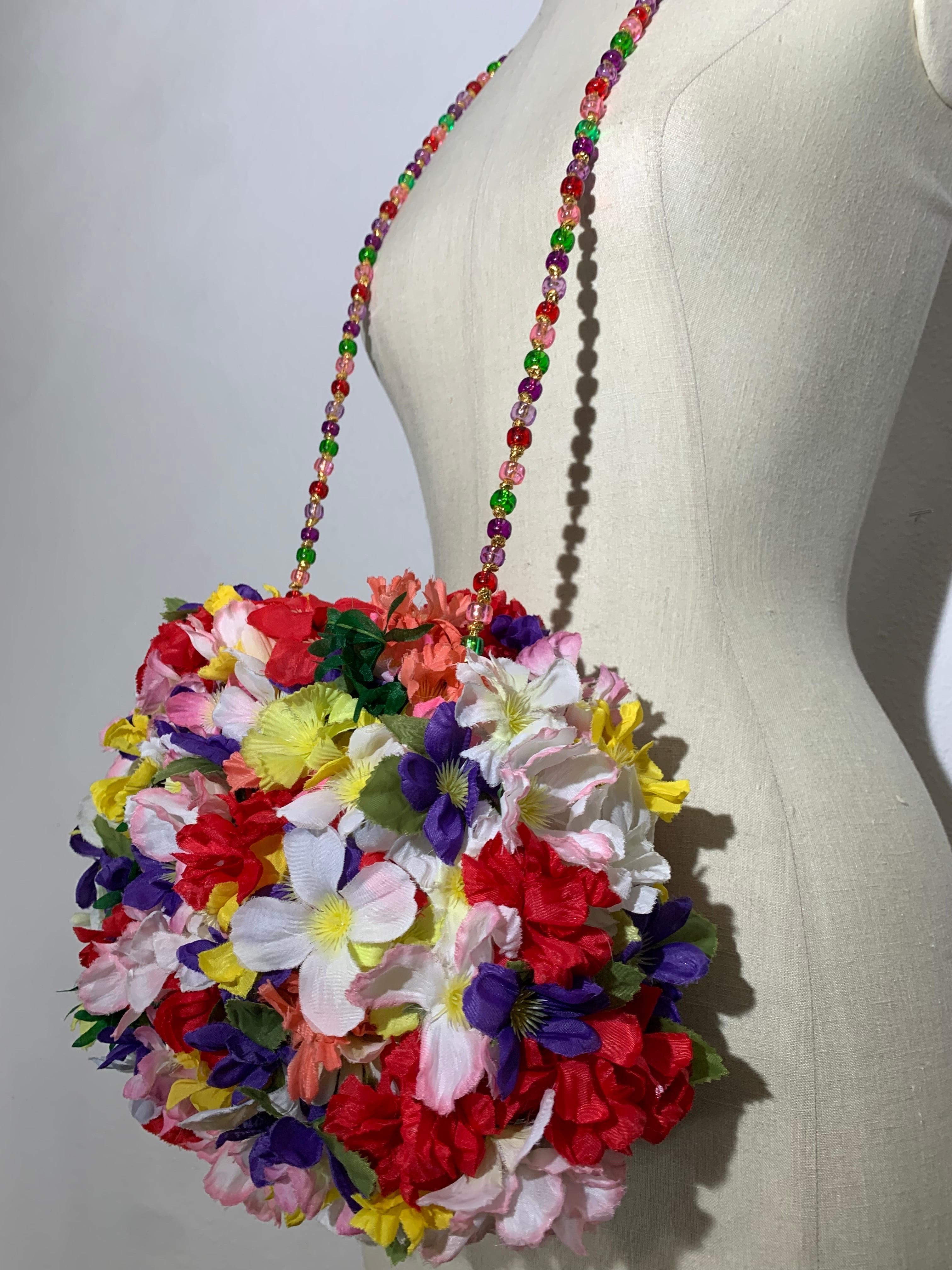 Brown Miriam Lefcourt Summer Straw Handbag Completely Covered in Colorful Silk Flowers For Sale