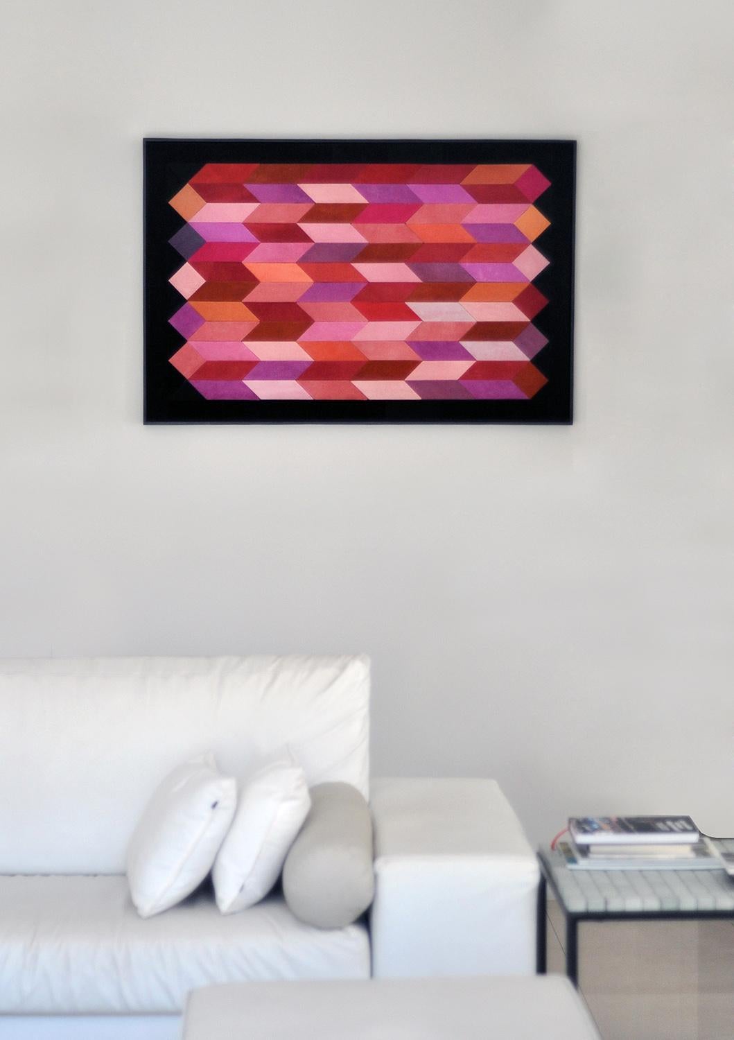 Contemporary geometric artwork in leather by Miriam Loellmann, wood framed For Sale 3
