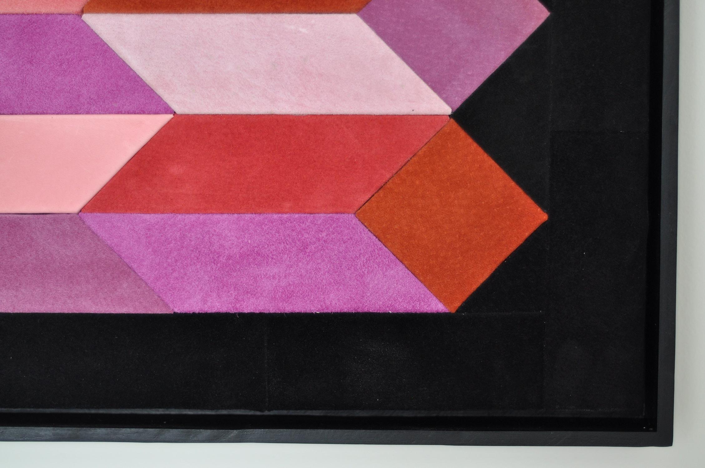 Leather Contemporary geometric artwork in leather by Miriam Loellmann, wood framed For Sale