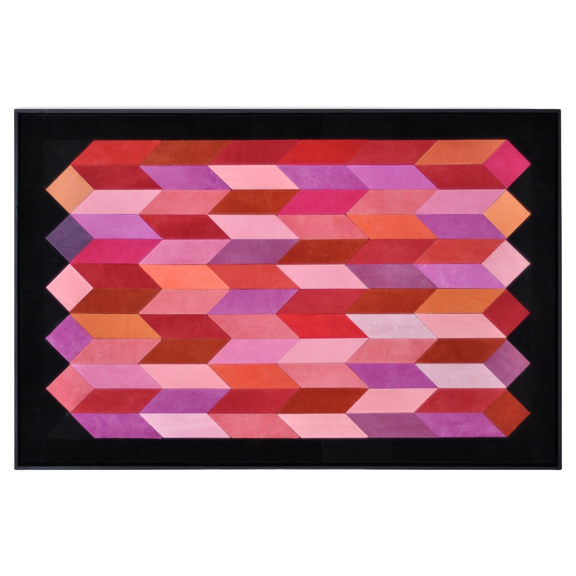 Contemporary geometric artwork in leather by Miriam Loellmann, wood framed For Sale