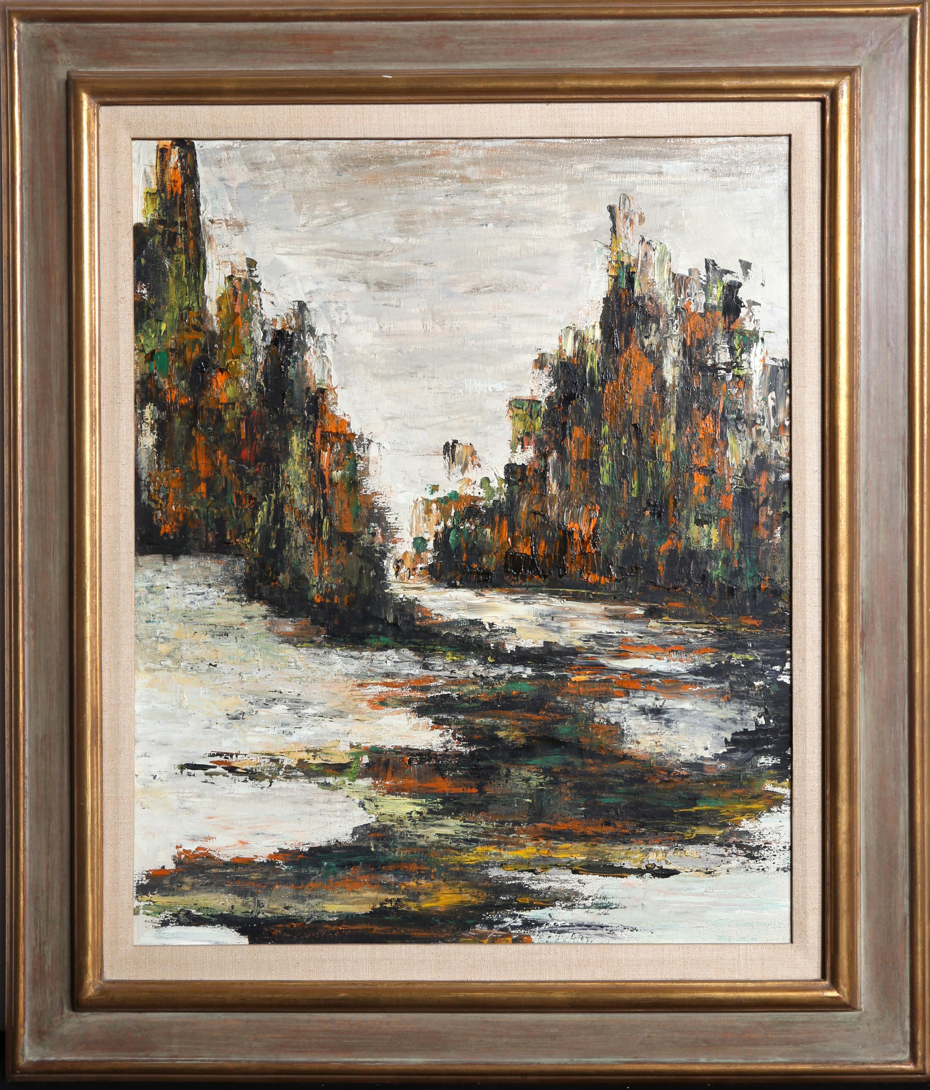 Cityscape on Water II by Miriam 'Midge' Karr, American
Date: circa 1965
Oil on Canvas, signed verso
Size: 24 x 20 in. (60.96 x 50.8 cm)
Frame Size: 32 x 27.5 inches