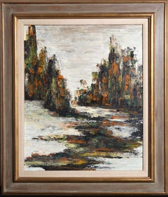 Cityscape on Water I, Signed Abstract Oil Painting by Miriam 'Midge' Karr