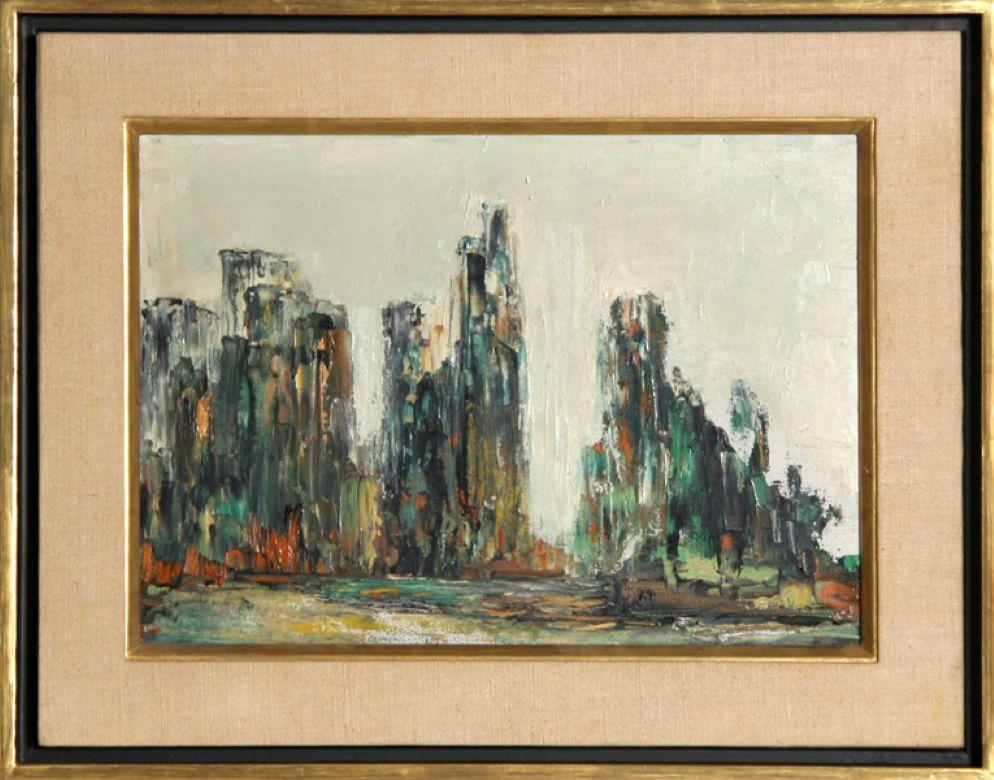 Cityscape on Water II by Miriam 'Midge' Karr, American
Date: circa 1965
Oil on Canvas, signed verso
Size: 10 x 14 in. (25.4 x 35.56 cm)
Frame Size: 15 x 19 inches