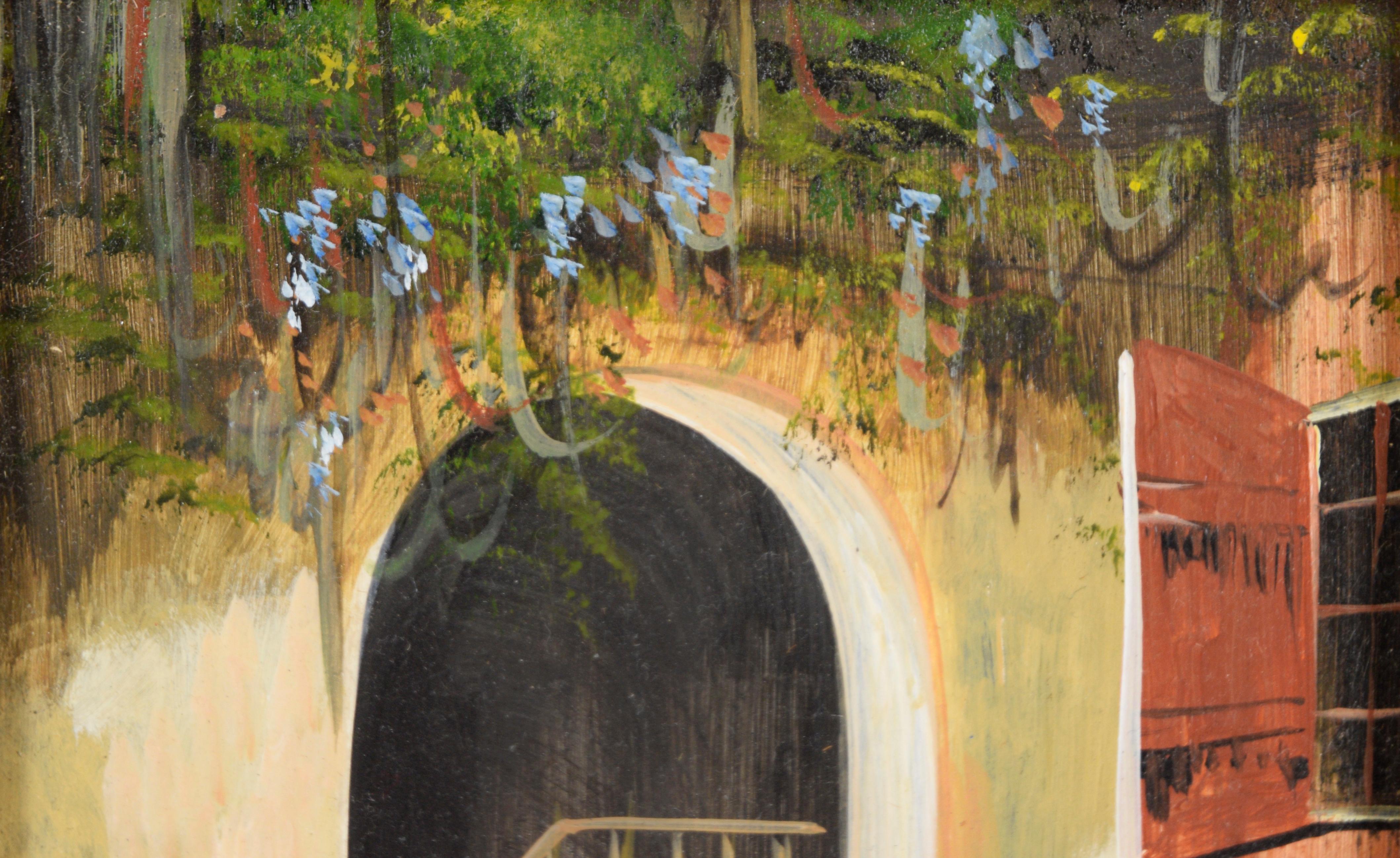Die Treppe - 1987 Original Öl auf Masonit

Original-Ölgemälde von 1987, das eine Treppe hinter einem gemauerten Torbogen zeigt, von Miriam Ragan (Amerikanerin, 1930-2014). Der Betrachter blickt weiter in Richtung Treppe, Pflanzen sind an der Decke