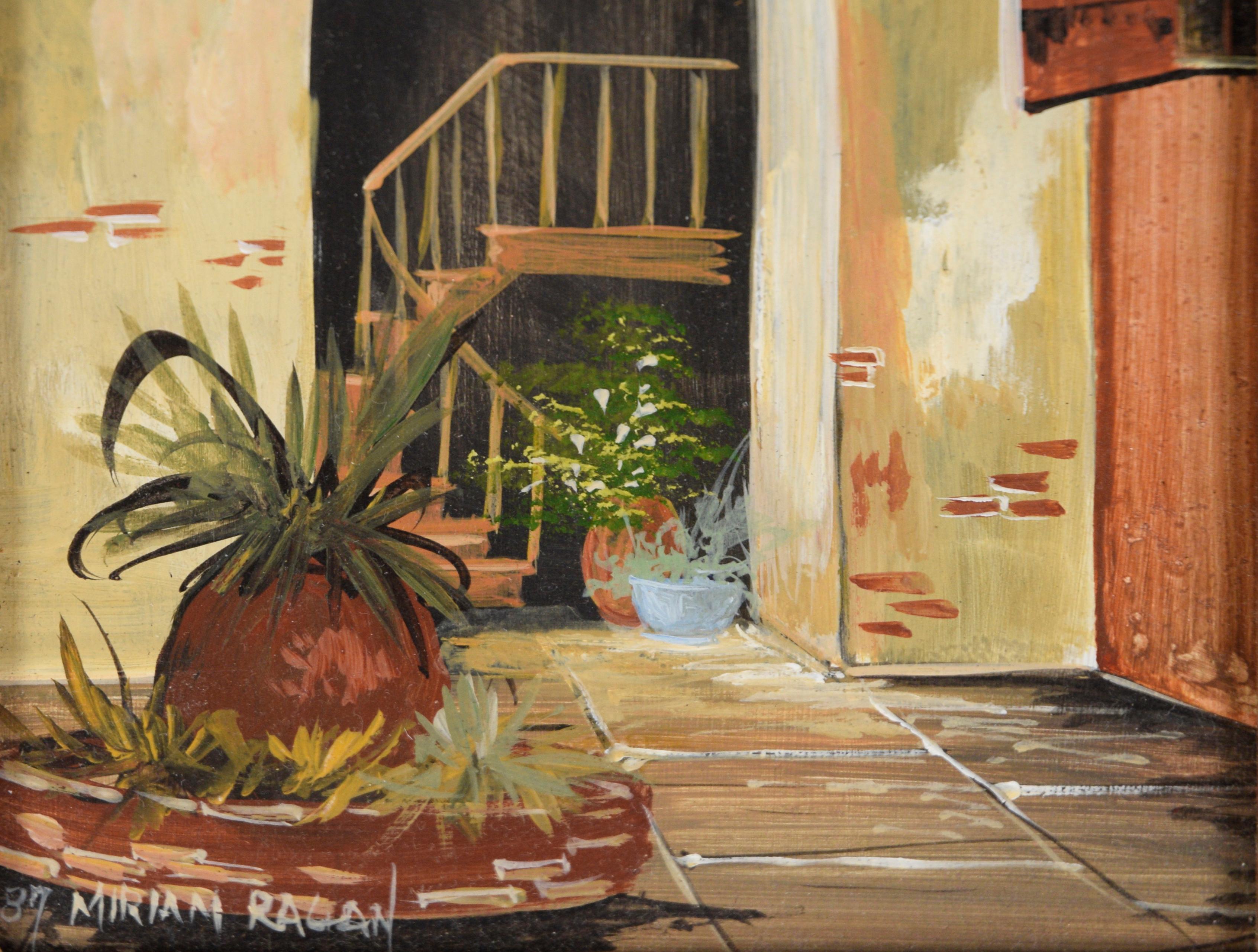 The Staircase - 1987 Original Oil on Masonite

Original 1987 oil painting depicting a staircase behind a brick archway by Miriam Ragan (American, 1930-2014). The viewer looks onward toward the staircase, plants can be seen on the ceiling and in pots