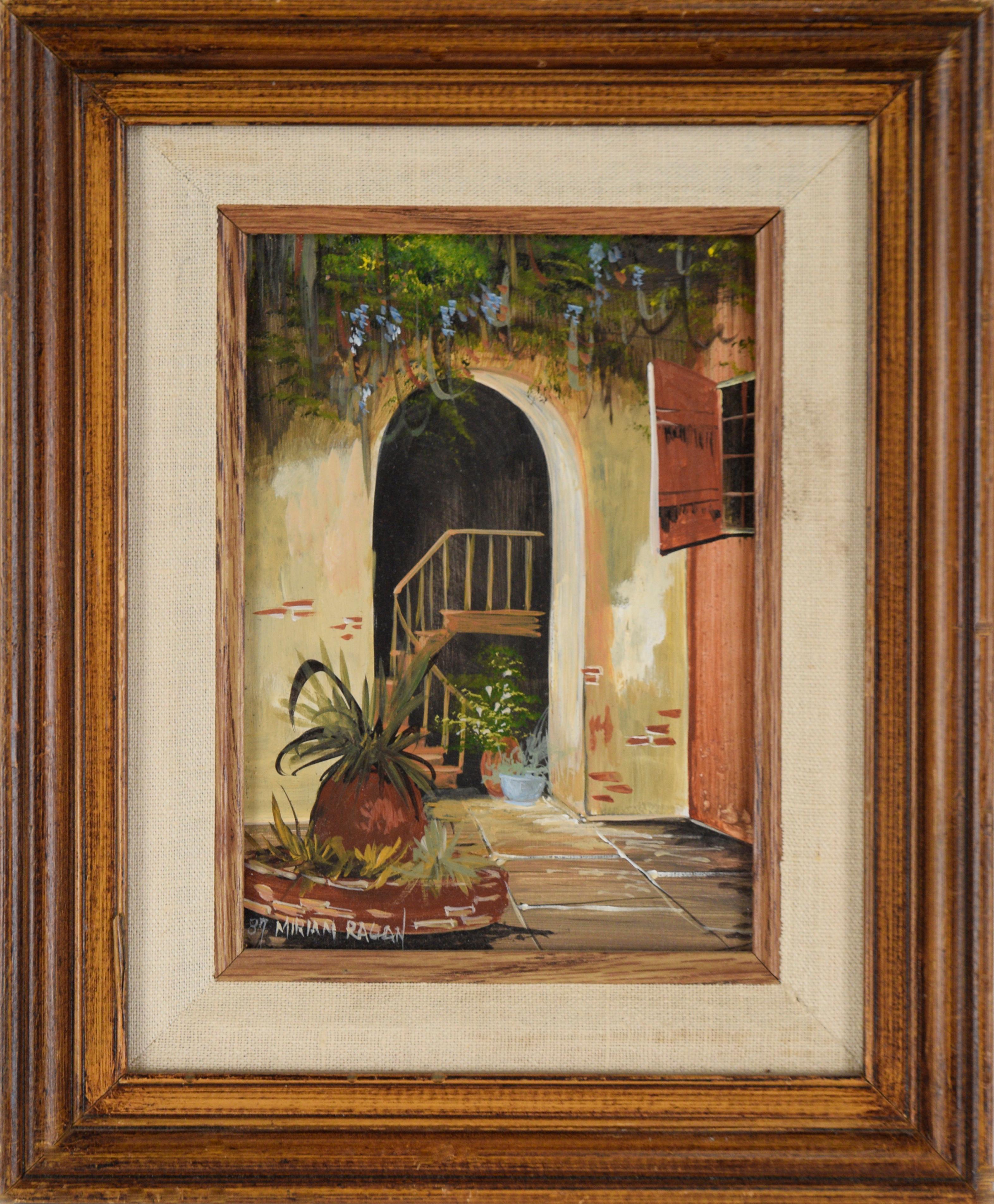 Miriam Ragan Still-Life Painting – Originales Ölgemälde auf Masonit, The Staircase – The French Quarter – New Orleans