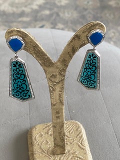 Miriam Salat Blue Filagree Resin and Sterling Silver Earrings With White Topaz