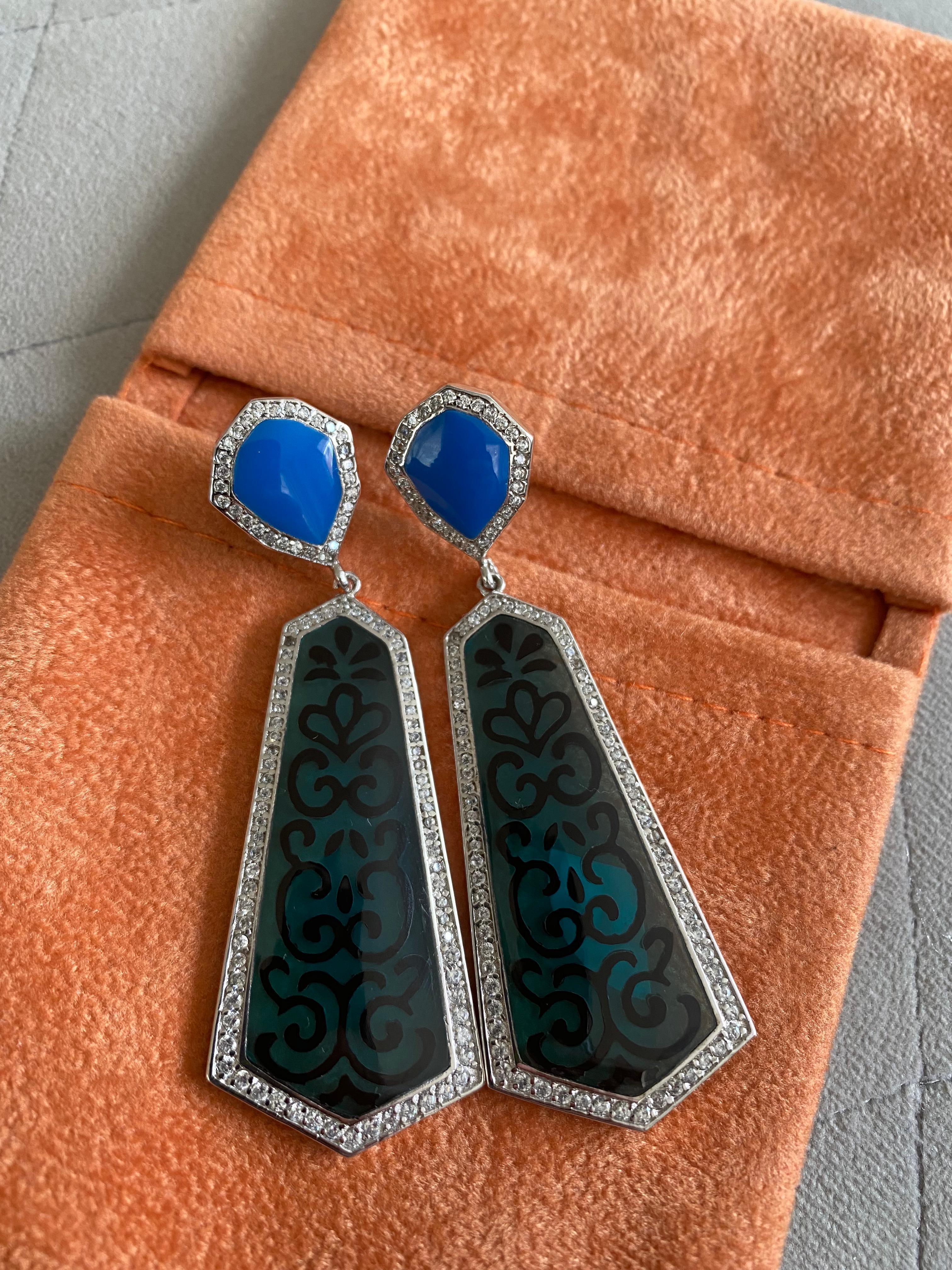 Anglo-Indian Miriam Salat Blue Filagree Resin and Sterling Silver Earrings For Sale