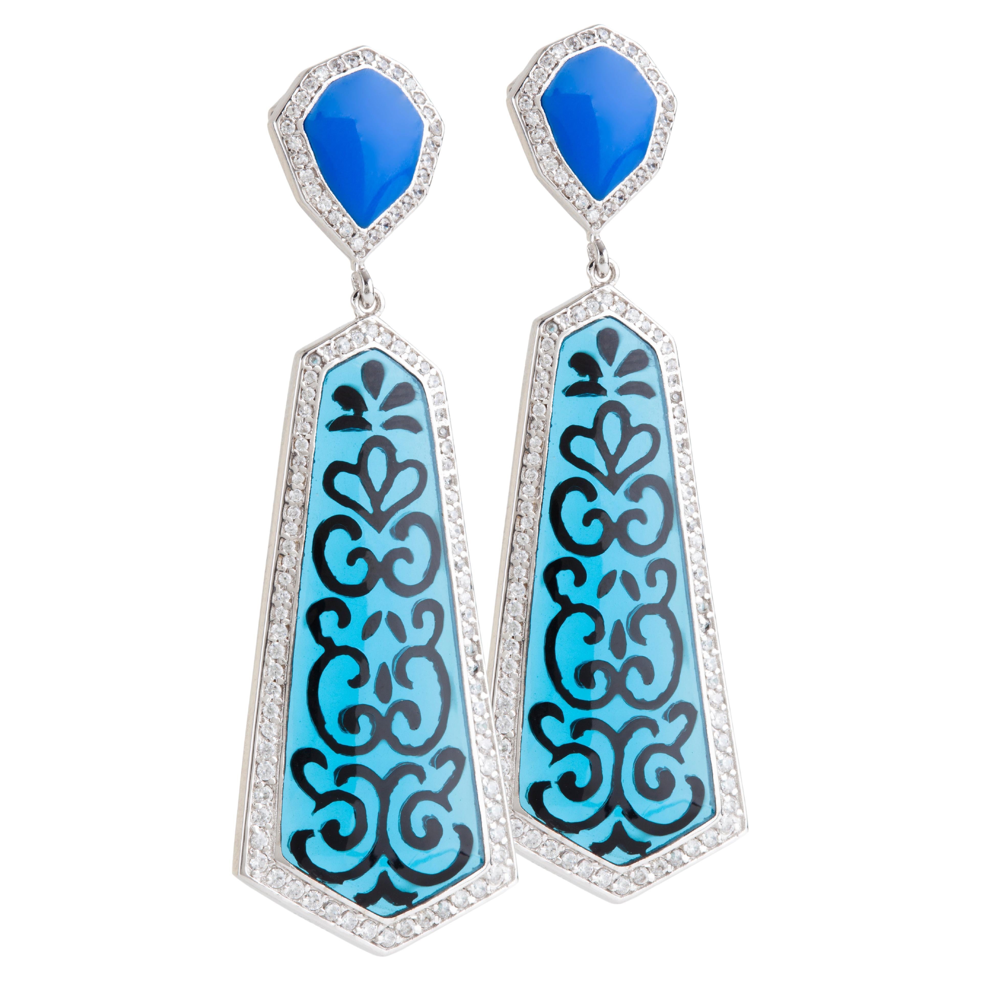 Miriam Salat Blue Filagree Resin and Sterling Silver Earrings With White Topaz