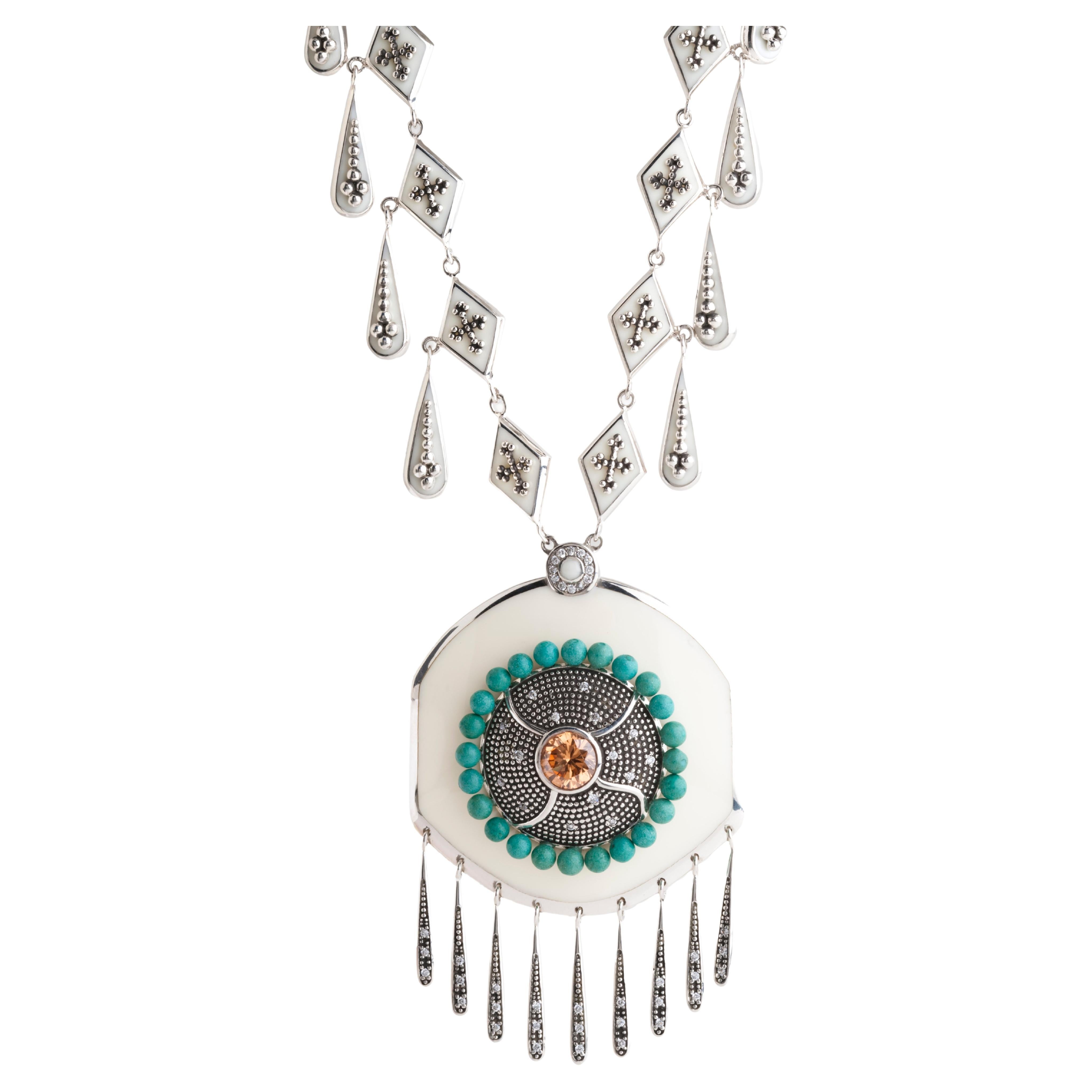 Miriam Salat Bo Ho Chic drop necklace made with white topaz and sterling silver  For Sale