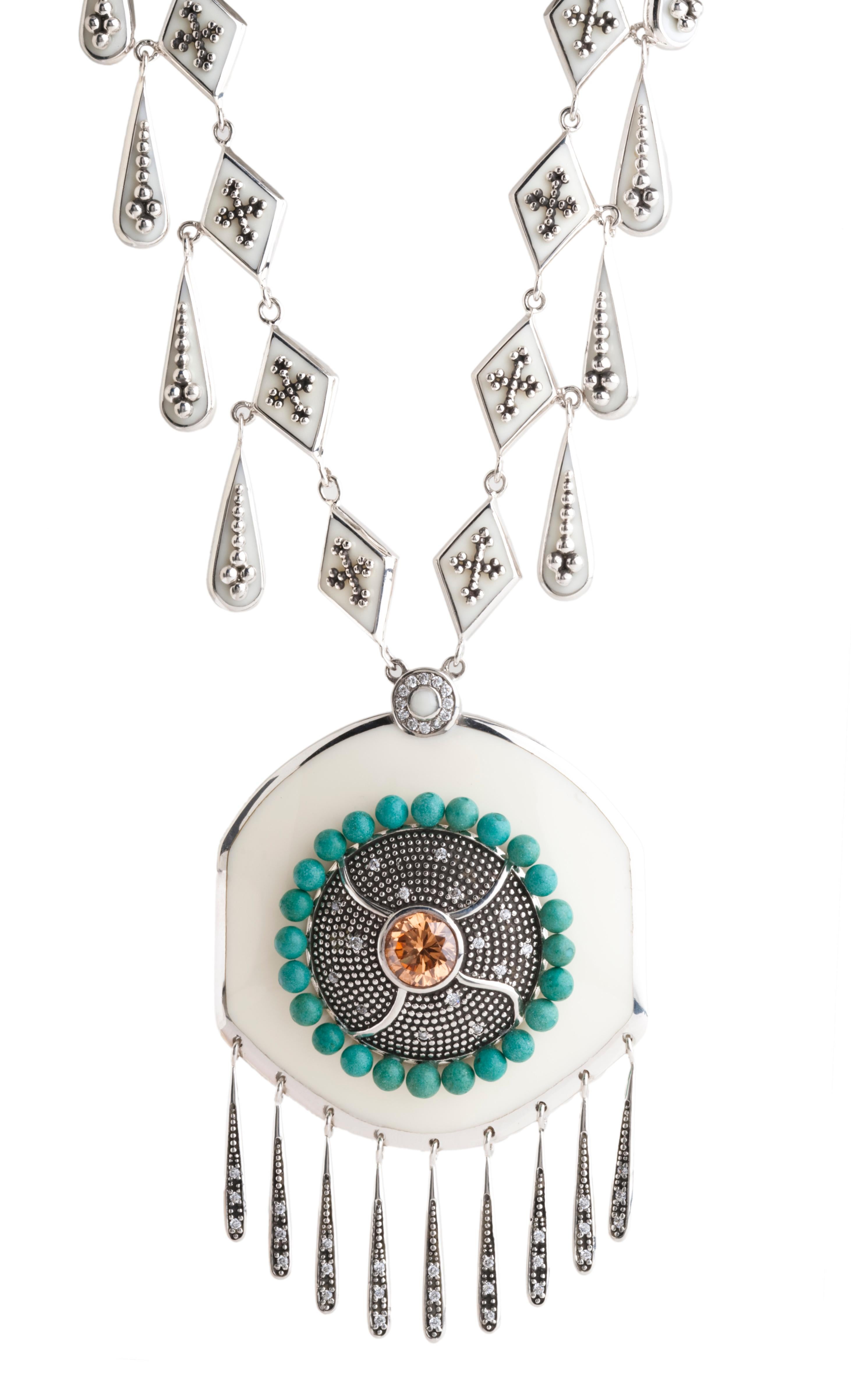 Miriam Salat long drop necklace features White resin with vintage sterling silver.
Perfect for your summer days and nights. From caftan to evening wear. 
Cubic zircon full diamond facet rounds, prong set.
necklace is full length.
Measures apx 24