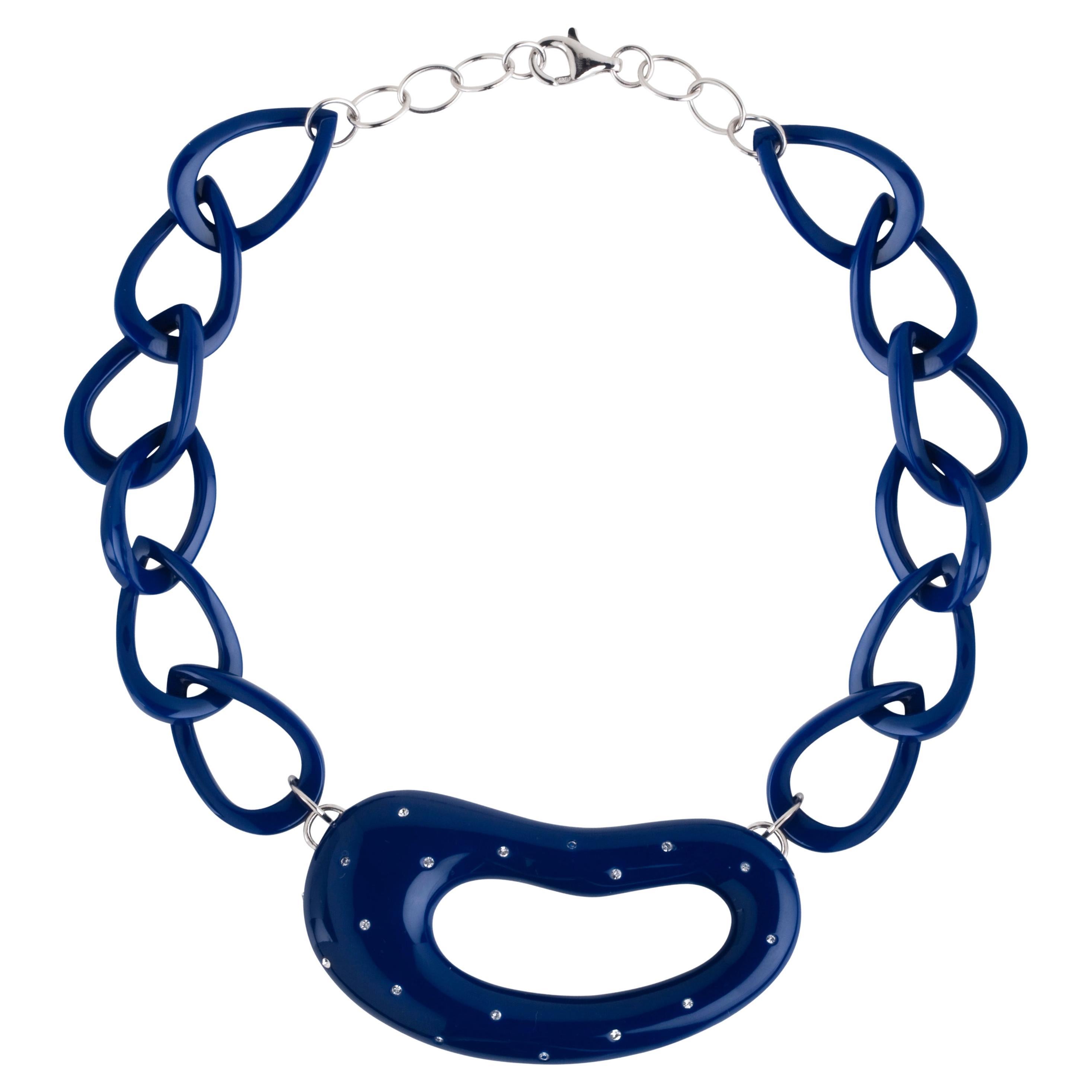 Miriam Salat Classic Navy Blue Resin & White Zircon Necklace For Sale