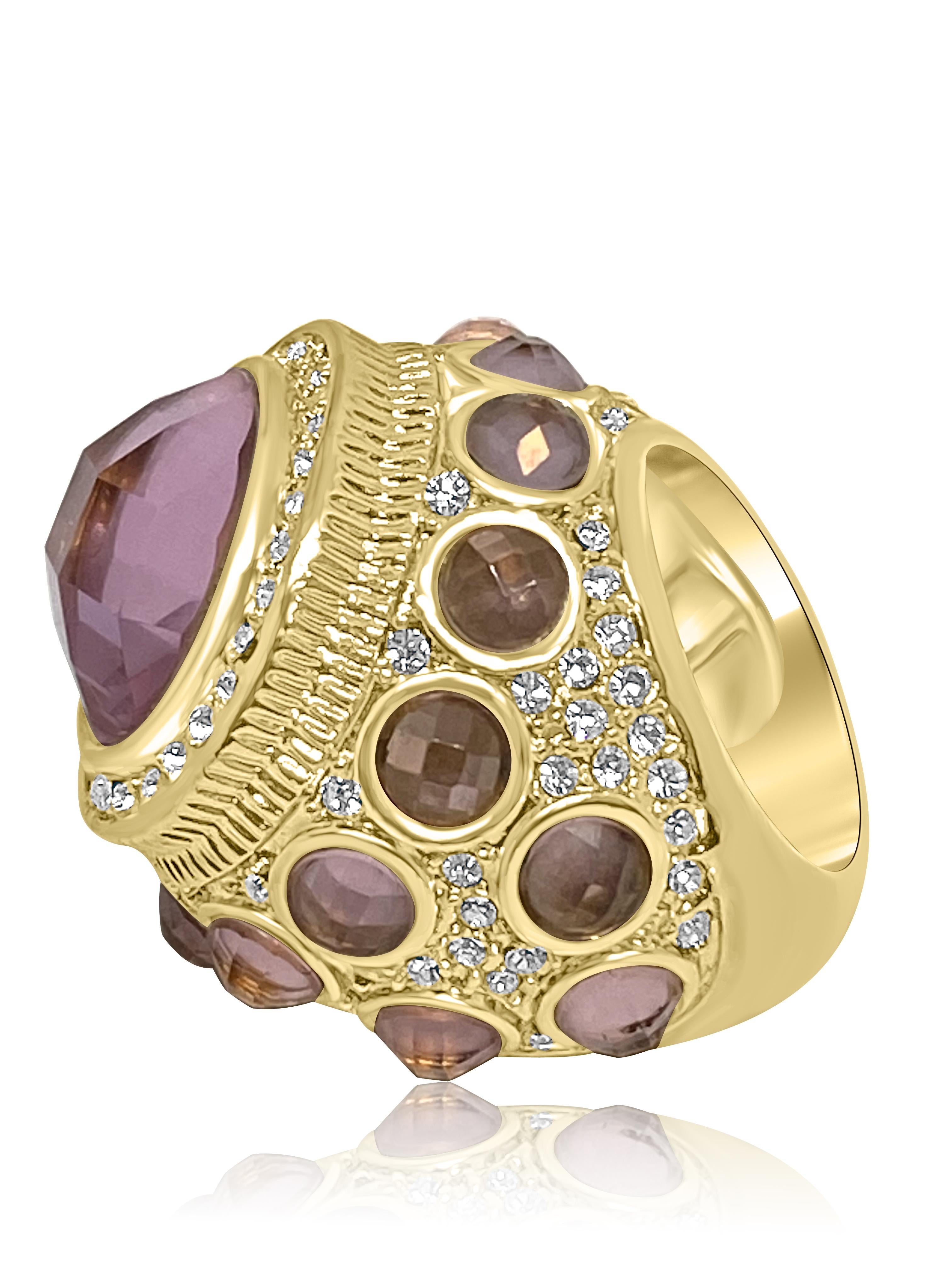Miriam Salat (MRM) candy pink Topaz ring  - This fantastic Miriam Salat ring feature a middle eastern design made up of white Zircon and purple topaz full facet stones, set in sterling silver gold plated. Pave set accents on the side and with purple