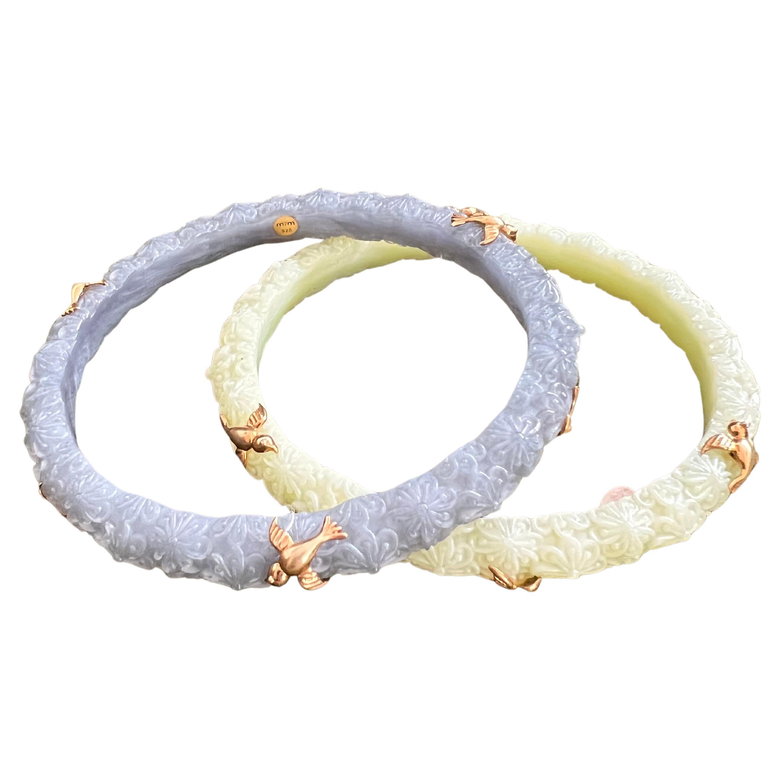 Miriam Salat Flower Pattern Art Nou Bird Bangles In Resin & Silver  For Sale