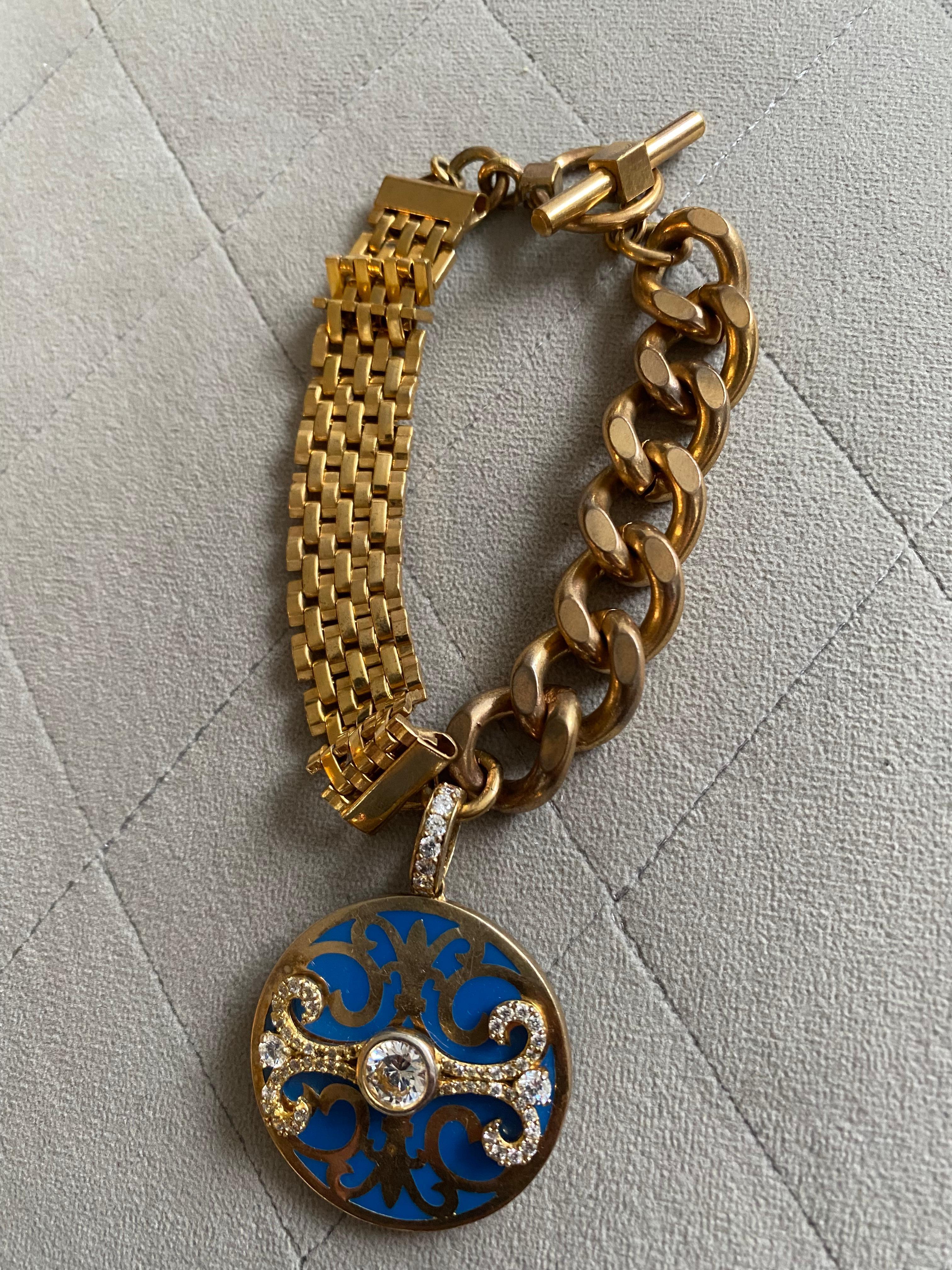 Miriam Salat Gold and Filagree Clear Bracelet Set In Sterling Silver & Topaz  Miriam Salat bracelet features filagree resin with vintage sterling silver and gold plating. 
Cubic zircon full diamond facet rounds, prong set.
Measures apx 7.5
