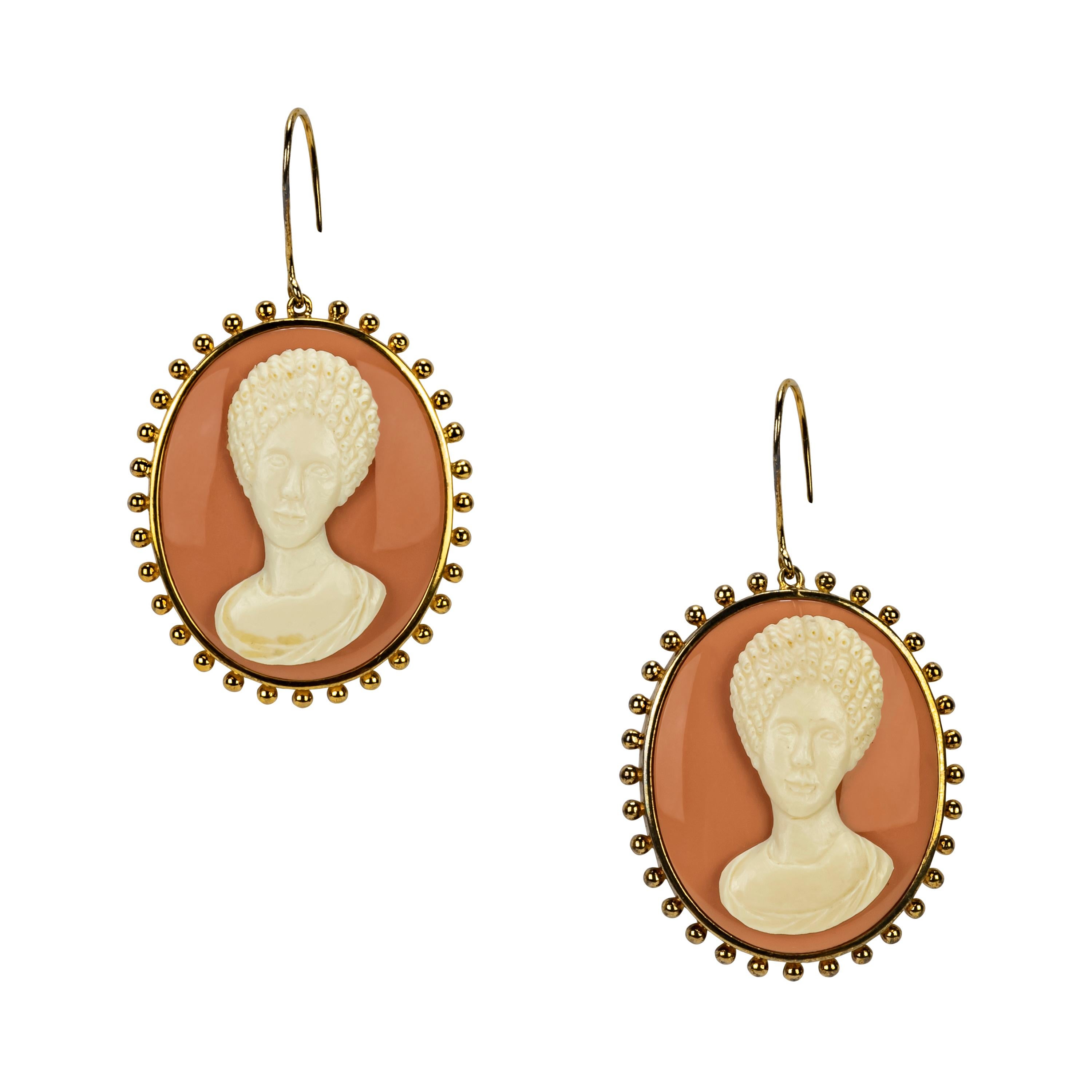 Miriam Salat Cameo Earrings
Starling Silver and Gold plating. 
Ivory / Cream color Resin 
Salmon color Resin
Typical of the Napoli cameo work in Italy. 
Incredible attention to carving detail. 
Elegant Italian style earrings. 
Hook closures.
Gold
