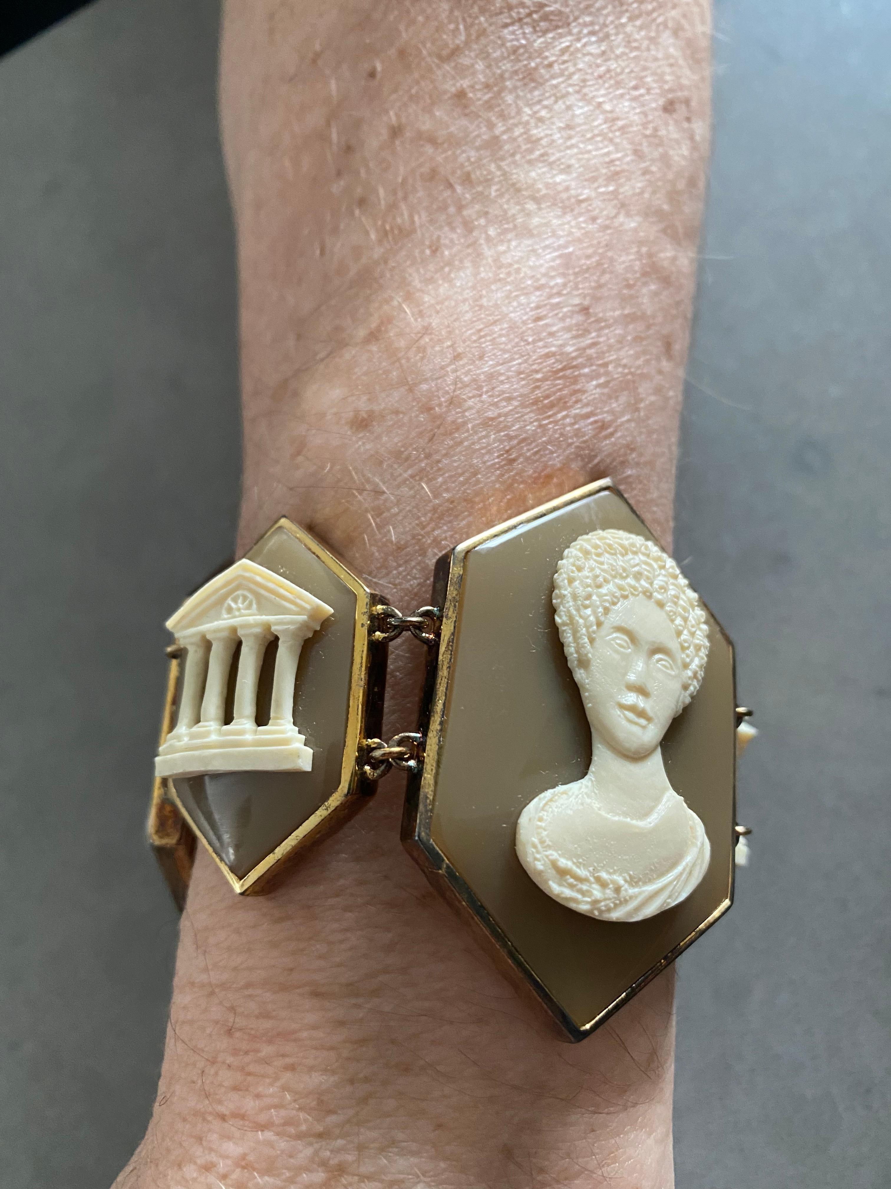 This Miriam Salat bracelet features coffee and and ivory color resin cameos with vintage sterling silver, gold plated 
Bangle is flexible to fit your hand.  
Measures apx. 6-1/2 inches, more on the smaller side.
3 inches in width. Total weight is