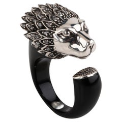 Miriam Salat Lion Head Art Deco Black Resin & White Zircon Ring 