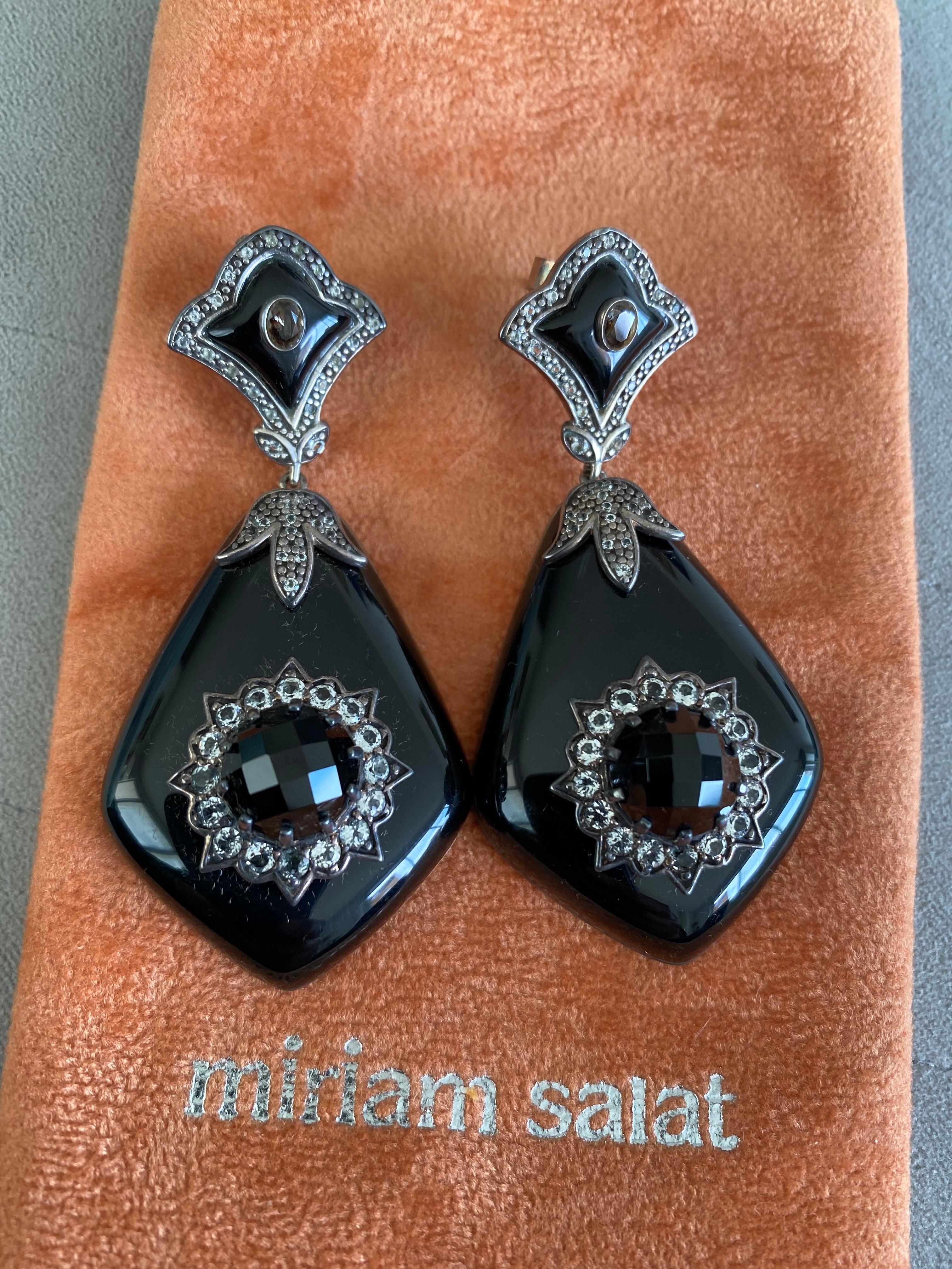 Miriam Salat (MRM) Black resin and White Topaz Drop Semi Precious Earrings - This fantastic Miriam Salat earrings feature a middle eastern design made up of black and white topaz full facet stones, set in sterling silver on Black resin. Channel set