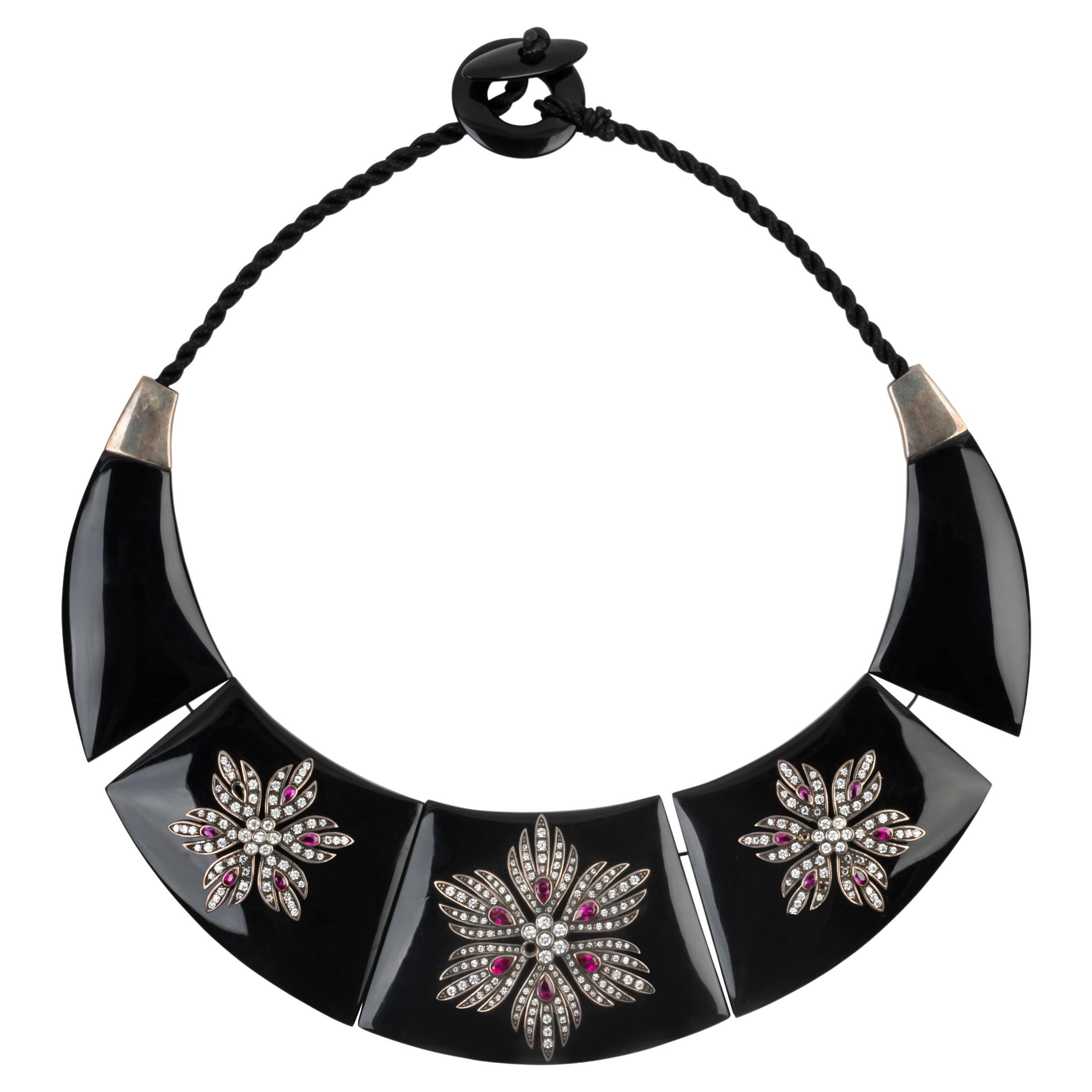 Miriam Salat Mughal Style Indian Retro Black Resin & Topaz Necklace For Sale