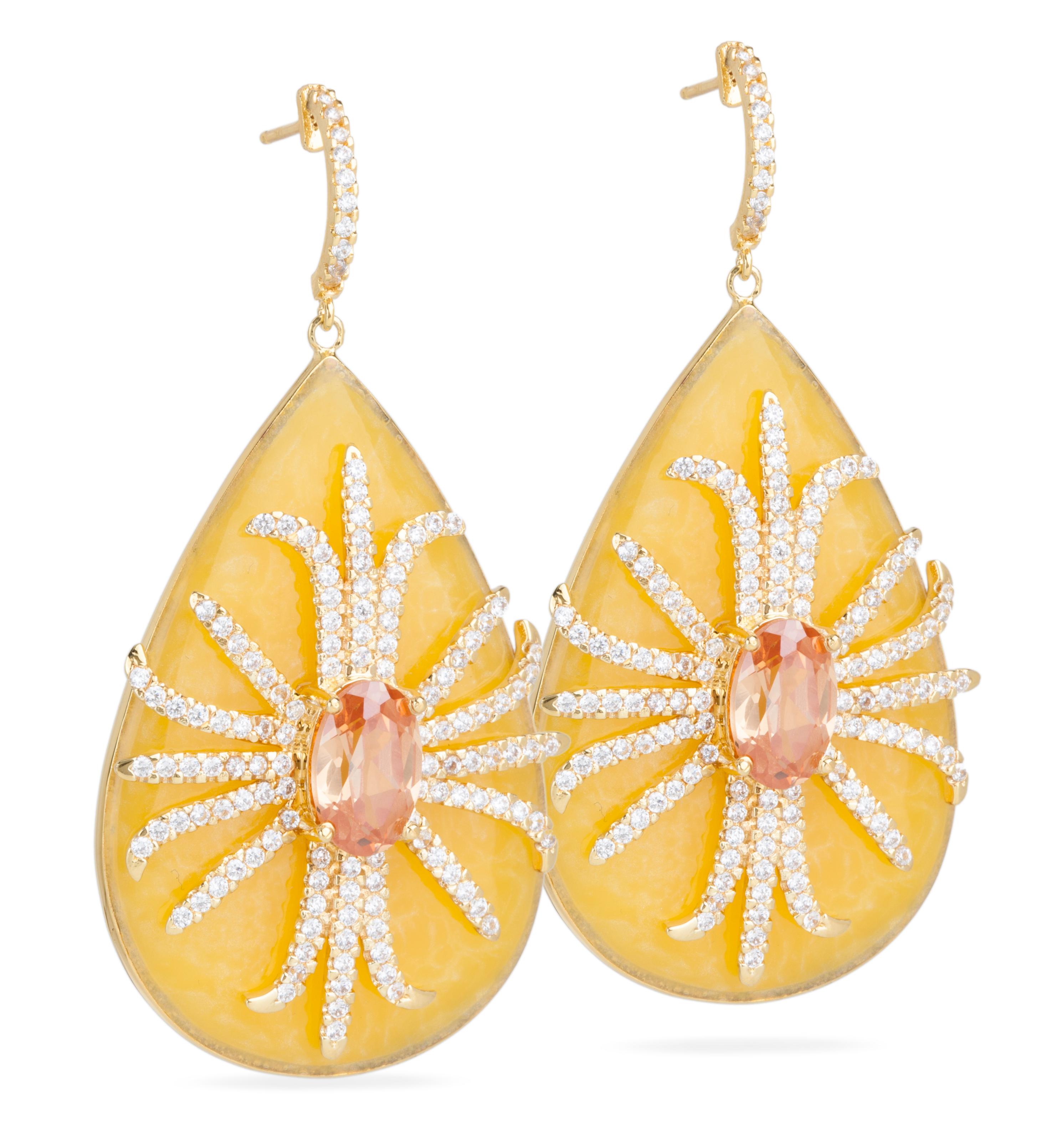 Miriam Salat (MIRIM) Honey Resin and Topaz Drop Earrings - This fantastic Miriam Salat earrings feature  a middle eastern design made up of white and honey topaz full facet stones, set in sterling silver gold plated on honey resin. Channel set topaz