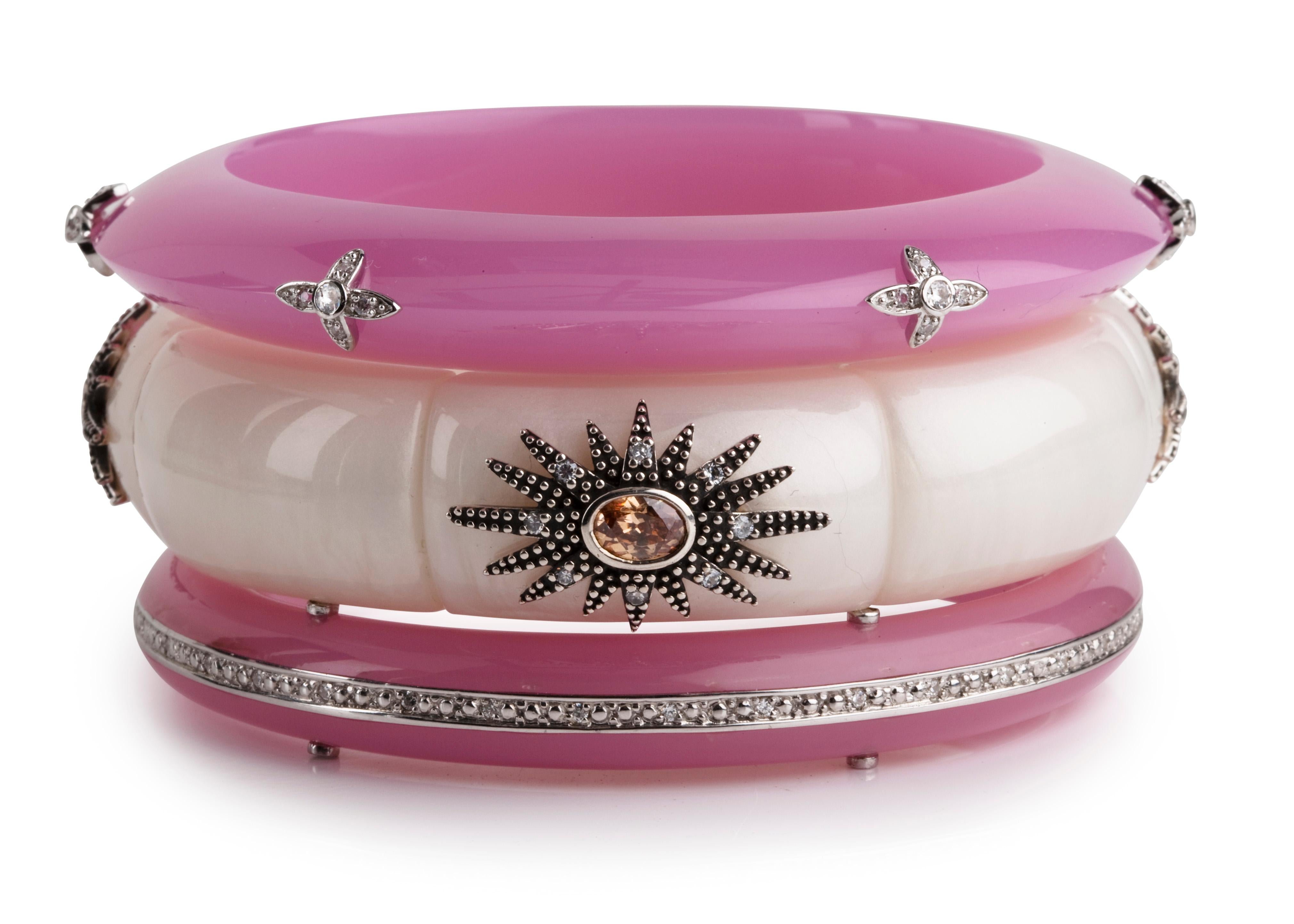 Miriam Salat star bangle 
This Miriam Salat bangle features resin with vintage sterling silver. 
Cubic zircon full diamond facet rounds, prong set.
Topaz oval shapes 
Bangle is a slip on to fit your hand.  
Measures apx. 6-1/2 inches
1 inches in