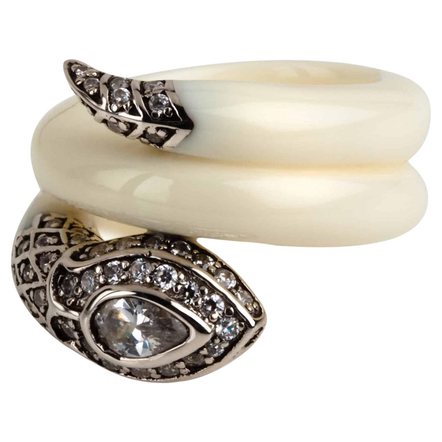 Miriam Salat Serpentine Cleopatra Flex Ring, Resin with White Topaz & Silver  For Sale